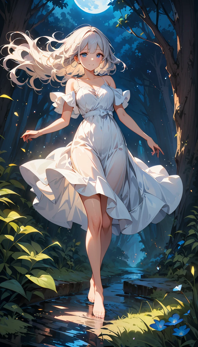 (highest quality:1.2, Very detailed, up to date, Vibrant, Ultra-high resolution, High Contrast, masterpiece:1.2, highest quality, Best aesthetics), Portraiture、girl、((25 years old:1.5)), (slim:1.2), 25-years-old, summer dress, barefoot, Bright colors、Playing in the flowing river, beautiful river, nature, Beautiful fine details、Beautiful lip detail、long hair, (ponytail:1.3), white and yellow green ((streaked hair:1.6)), highlights hair: 1.5, (small breast,:1) (tan skin:1.2), (happy:2), full body