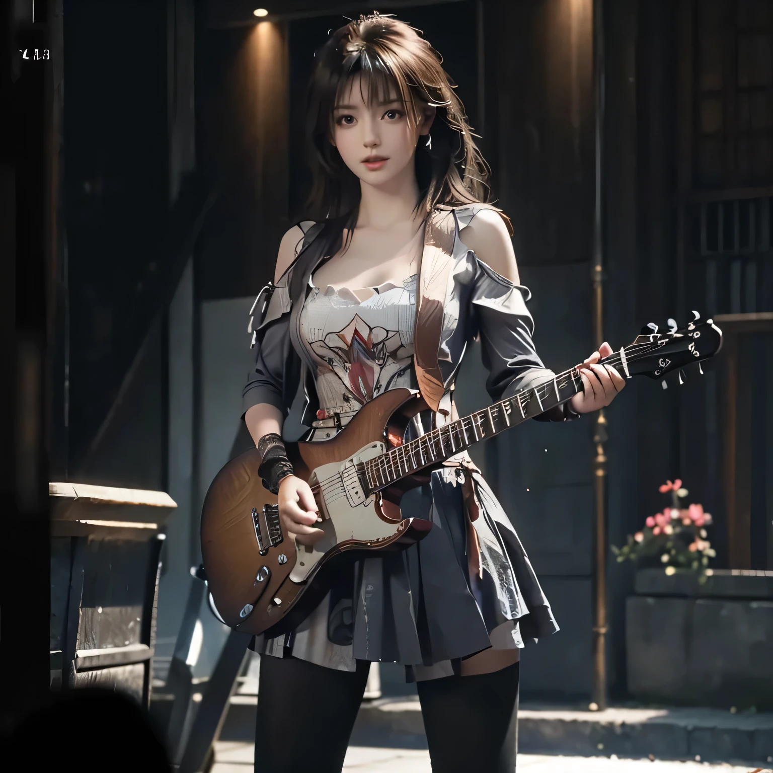 Playing guitar , 8k, masterpiece, RAW photo, best quality, photorealistic, extremely detailed CG unity 8k wallpaper, Depth of field, Cinematic Light, Lens Flare, Ray tracing, (extremely beautiful face, beautiful lips, beautiful eyes), intricate detail face, ((ultra detailed skin)), best quality, Masterpieces, Super high resolution, (photograph realistic:1.5), Original image, luxury long dress, 1girl, offshoulder, In the dark, deepshadow, low tune, Cold light, Sexy look, long whitr hair,Cafe,pretty,lim light,swirling hair, medium shot, big breast.