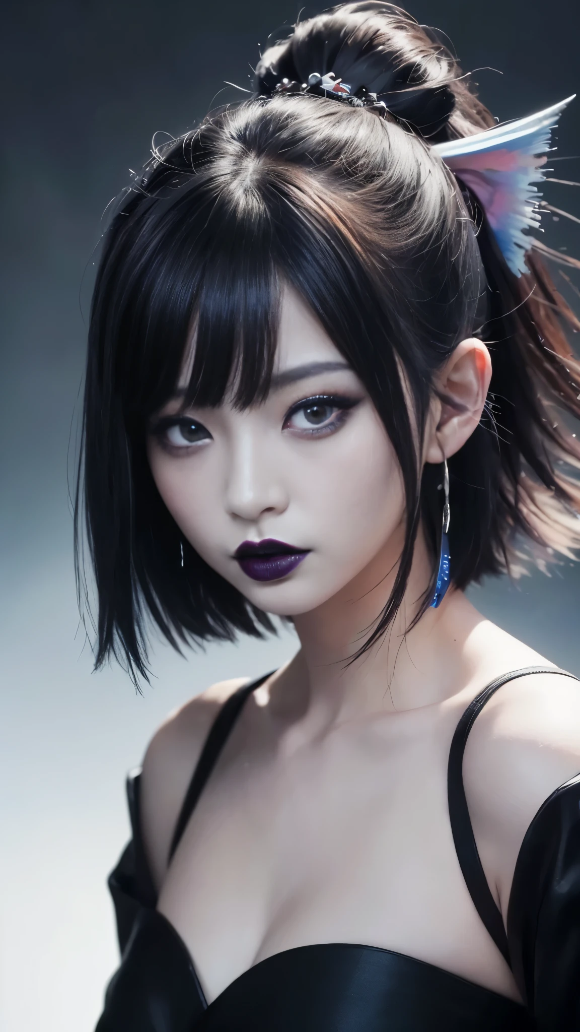One girl,only, Upper Body,Watching the audience, White Background, Bobcut, short hair, Multicolored Hair, compensate , Parted lips, Black Lips, eyeliner, Gothic, Goth Girlプロのphotograph撮影,85mm lens,Front view,Half Body Shot,photograph,Sharp focus,High resolution,8k,One girl,Adult female,Asian slim woman,(Topless woman:1.25),Golden Ratio,Upper Body,(Different facial features:1.12),(それぞれのphotographは異なる顔の特徴です:1.13),(A kind smile:1.25),Textured female hairstyle,([Light Painting|Mood Lighting|Mood Lighting|Chiaroscuro lighting|Courtroom Lighting]),Simple Background, , Black Lips, eyeliner, Gothic, Goth Girl,(((Completely naked))),(((nsfw))),((Small breasts:1.2)) , 