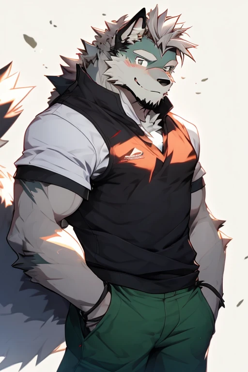 A Top And Right Side Body Picture of A Very Muscular Furry style Gray Wolf. he is wearing Full long Dark Green Soldier Millitary Outfit. He is looking at the viewer. The background is just color white. His hair is spikey and messy. He have A gray hair. He have a little smile with blushes on his face in shyness. He have a very long tail. he have gray eyes. his both hand is in his pockets. he is standing in the background, his mouth is little open