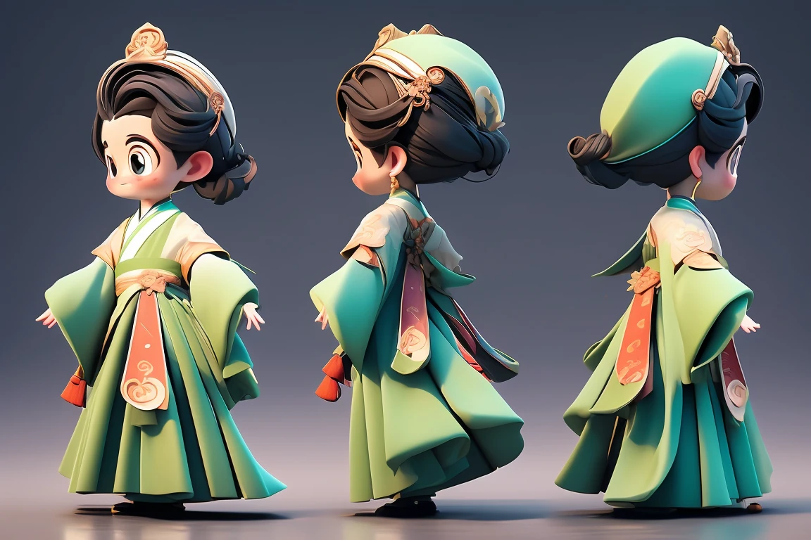 title：Chinese style Q version character three-view design style：Q version cartoon，Cute colors：Bright Chinese red as the main color，Gold and emerald green accents： front：Big eyes，Rounded face，Smiling face side：Simple hairstyle，No neck detail on back：Simple hairstyle和服饰背面设计 服饰： Hanfu：简化的传统Hanfu设计，Tops and bottoms，Wide sleeves，Double-breasted pattern：Simplified Chinese classical pattern，Such as peonies、Moire accessories：Simplified headdress，There are Chinese knots and tassels tied around the waist： front：Hold your hands together，Bowing posture side view：One hand strokes the sleeve，The other hand hangs naturally on the back：Natural standing，Show the complete back of the garment，Skirt covers feet background：pure white，No other elements，To highlight the details of character design： Material：服饰Material看起来柔软 光影：Slight shadow and highlight expressions：Lively expressions，Bright eyes Other requirements：Three views are neatly arranged，Character Center，Proportional coordination，Convenient 360-degree view of design details，Skirt length covers the feet，No neck or feet shown。