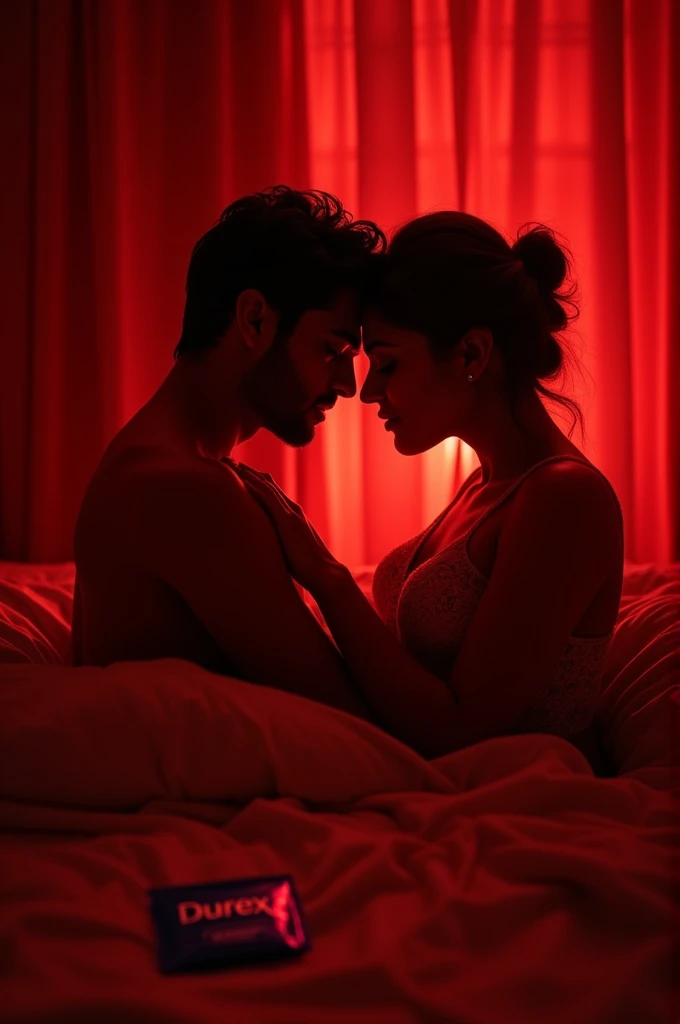 A man and women on a bed who have sexual rapport, red light