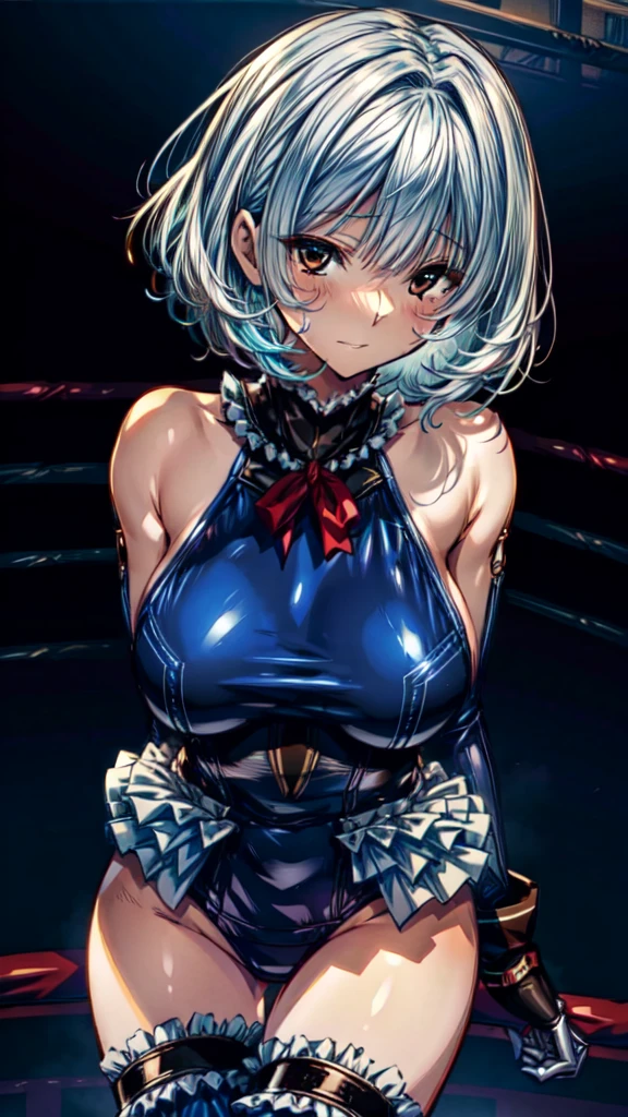 (masterpiece, best quality:1.3), (absurdres absolutely resolution), (8k), (detailed beautiful face and eyes), (detailed illustration), (super fine illustration),Perfect Anatomy, Best Quality, 
,((In the fighting ring:1.2)),Anime Style,(Ruffled swimsuit, Knee socks, Removed sleeve), (Anime Style:1.6) ,
Silver Hair,(White fingers:1.1,black gloves),Short Hair,,(((masterpiece))), (((Best Quality))), ((Very detailed)), (Illustration), (Detailed light),((Very delicate and beautiful), （Full of wounds:1.4）,(Suffering expression),(Big Breasts:1.5)
