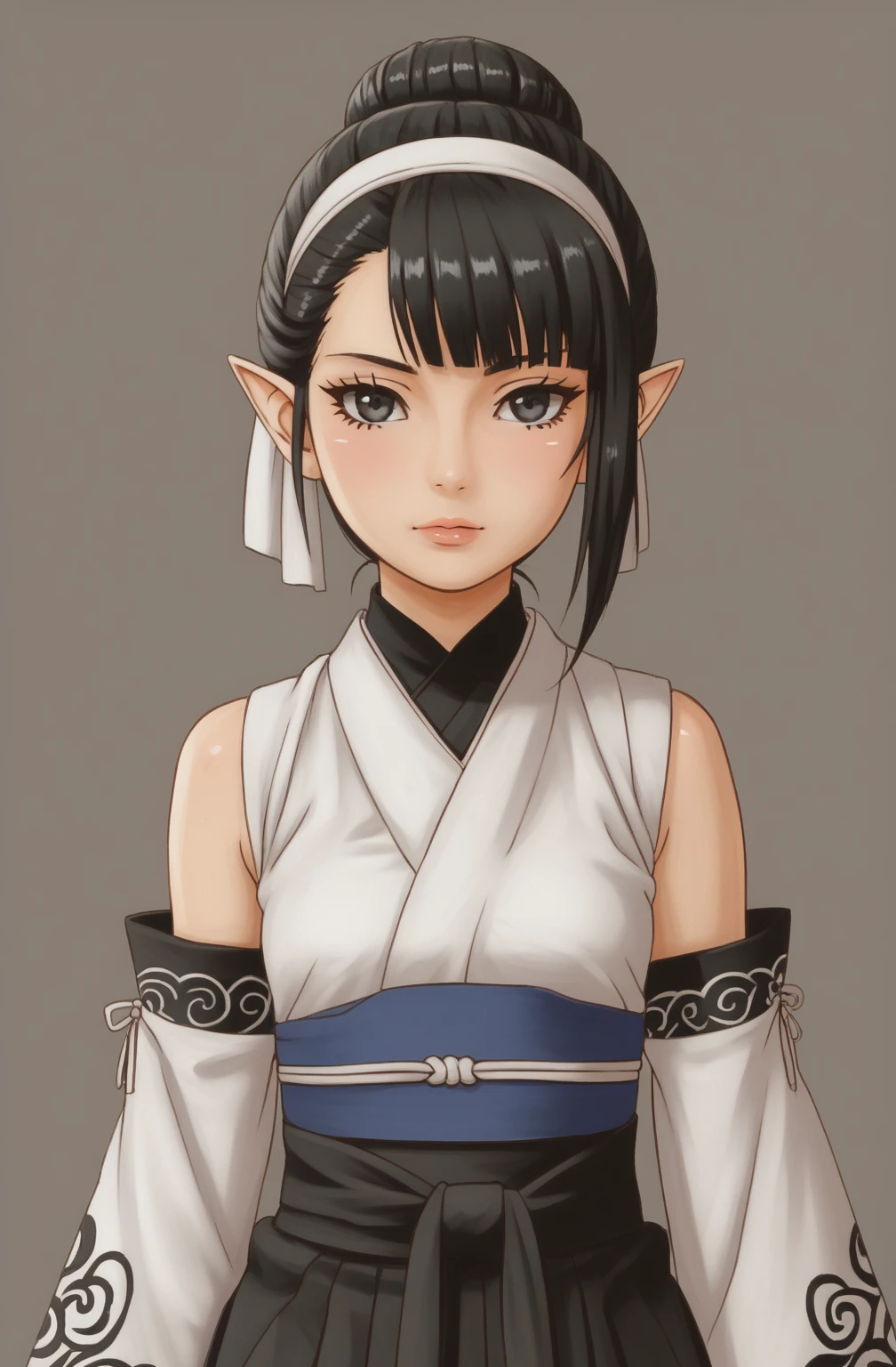 An anime character wearing short black and white hakamas, two ribbons {one at each side of her hairband}, white obi with black and white seigaiha pattern, girl with elf ears, a beautiful young girl with long black hair tied up in one single bun centered on top of her head, asymmetrical chopped bangs sideswept to the right, white hairband with ribbons on both sides of her head, a lock of hair falling in front of the right side of her face. Full shot of an anime character wearing short black and white hakamas, two ribbons {one at each side of her hairband}, white obi with black and white seigaiha pattern, create a digital illustration of full body of a female character with almond-shaped black eyes, elf ears, and round dots instead of eyebrows. For the hairstyle, she should have black hair styled into a single bun at the back of her head, complemented by asymmetrically chopped bangs that transition into a long lock on one side. Her outfit should match short hakama with detached sleeves and frills under the shorts and the sleeves, in a gothic style, featuring intricate white lace patterns, detailed cutouts, and a white obi with a black seigaiha black pattern. The upper part of the outfit should be a kimono blouse with detached sleeves. The outfit should include layered skirts and ribbon details to emphasize a similar aesthetic. Add a muted background that complements her striking attire and hairstyle. Artwork in the style of guweiz, digital art inspired by the style of Ilya Kuvshinov, 8k, high resolution, HDR, vivid colors, dramatic light detailed anime art, 8k, high resolution, photorealistic, dramatic lighting, artwork in the style of guweiz, detailed portrait of anime girl, beautiful anime portrait, anime realism style, anime style portrait, anime style 4 k, realistic anime art style, digital art ilya kuvshinov, realistic anime artstyle, ilya kuvshinov. Portrait anime girl, girl wearing black hakama with detached sleeves.