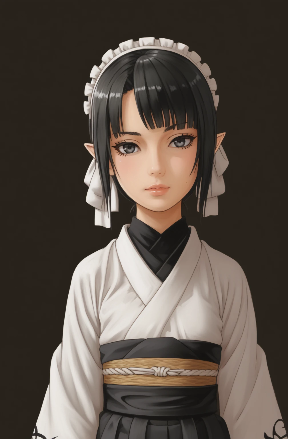 An anime character wearing short black and white hakamas, two ribbons {one at each side of her hairband}, white obi with black and white seigaiha pattern, girl with elf ears, a beautiful young girl with long black hair tied up in one single bun centered on top of her head, asymmetrical chopped bangs sideswept to the right, white hairband with ribbons on both sides of her head, a lock of hair falling in front of the right side of her face. Full shot of an anime character wearing short black and white hakamas, two ribbons {one at each side of her hairband}, white obi with black and white seigaiha pattern, create a digital illustration of full body of a female character with almond-shaped black eyes, elf ears, and round dots instead of eyebrows. For the hairstyle, she should have black hair styled into a single bun at the back of her head, complemented by asymmetrically chopped bangs that transition into a long lock on one side. Her outfit should match short hakama with detached sleeves and frills under the shorts and the sleeves, in a gothic style, featuring intricate white lace patterns, detailed cutouts, and a white obi with a black seigaiha black pattern. The upper part of the outfit should be a kimono blouse with detached sleeves. The outfit should include layered skirts and ribbon details to emphasize a similar aesthetic. Add a muted background that complements her striking attire and hairstyle. Artwork in the style of guweiz, digital art inspired by the style of Ilya Kuvshinov, 8k, high resolution, HDR, vivid colors, dramatic light detailed anime art, 8k, high resolution, photorealistic, dramatic lighting, artwork in the style of guweiz, detailed portrait of anime girl, beautiful anime portrait, anime realism style, anime style portrait, anime style 4 k, realistic anime art style, digital art ilya kuvshinov, realistic anime artstyle, ilya kuvshinov. Portrait anime girl, girl wearing black hakama with detached sleeves.