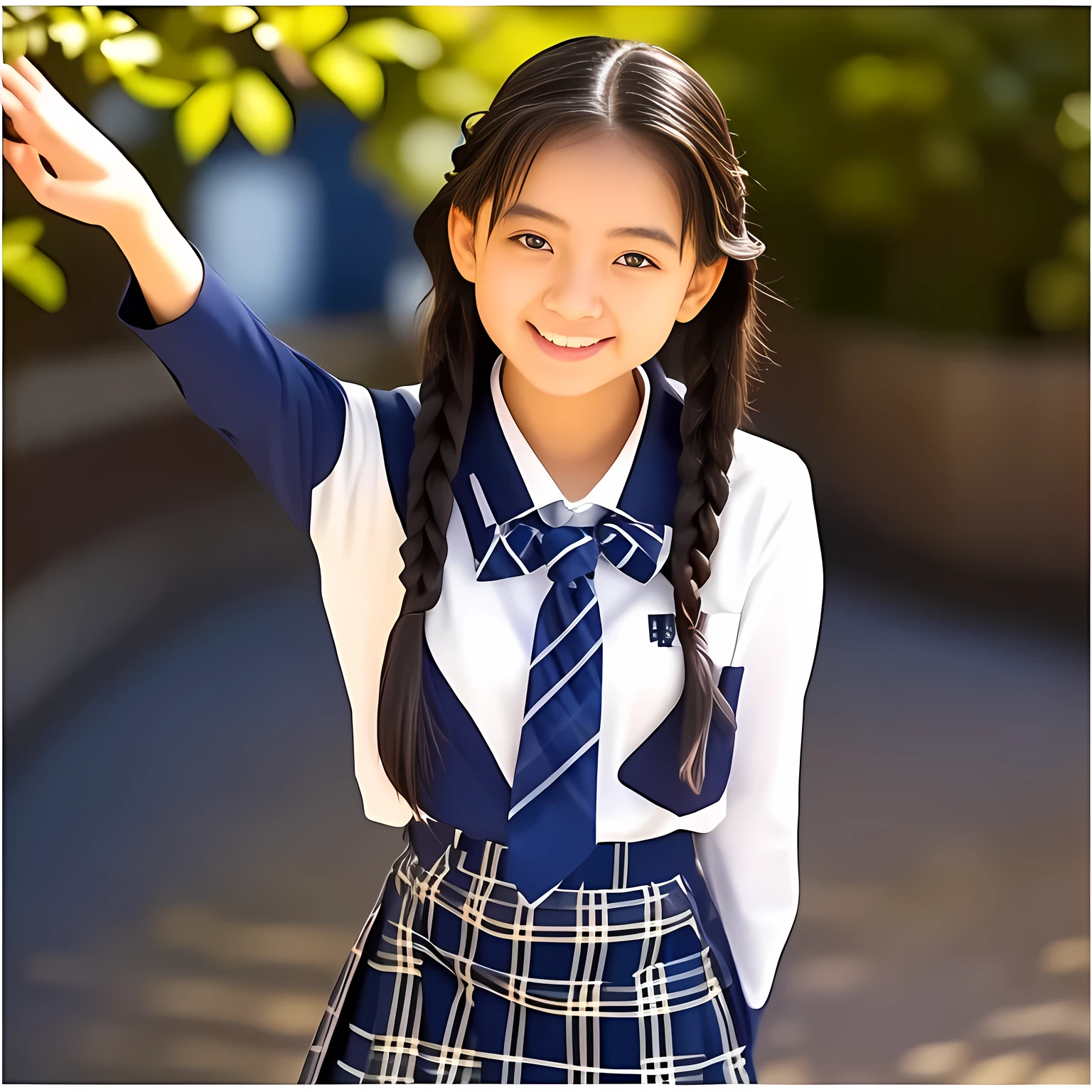 (Highest quality, masterpiece:1.2), Highest quality, High resolution, 1080P, 8k, (A noble, graceful and intelligent 13yo Japanese a-pair-of-braid girl is smiling at me with extreme beatitude, expressing her happiness to me with her love supreme, advertising school uniform: 1.5), (background is complete black: 1.0), (double-eyelids, completely balanced, brown wet large eyes with detailed beautifully: 1.6), (Drives me crazy for her navy-colored neat tartan checkered blue skirts and make me fall into her navy-colored tartan checkered skirt: 1.8), (Fine white skin that looks like she has never been out of home: 1.6), (Navy colored school blazer, Navy blue pleated school tartan checkered skirt: 1.0), (Plain blue school ribbon on the breast), (Sky-blue background), (Girl whom everyone loves because of her beauty and lovely fashion and noble manner and magic-charm of succubus: 1.0), (Kanko school uniform model: 1.3)