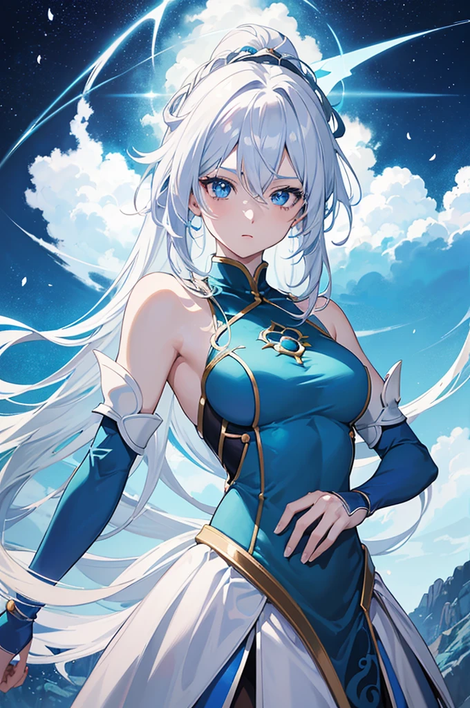 masterpiece, best quality, movie still, masterpiece, best quality, movie still, (Overhead view),dynamic angle,ultra-detailed, illustration, close-up, straight on, 1girl, (fantasy:1.4), (azure blue eyes:1.233),Her eyes shone like dreamy stars,(glowing eyes:1.233),(beautiful and detailed eyes:1.1),(Silver hair:1.14),(messy hair,very long hair,french braid,hair between eyes,sidelocks), (+(bule hair flower:1.14)),(chiffon dress,bule flower pattern in uniform)/=(military uniform:1.24),(detached sleeves,wide sleeves),(fingerless gloves),choker,(miko thighhighs),High heeled boots,(expressionless,closed mouth),(standing), (classical Princess boudoir with dressing tableand french windowin a white ancient palaces),(white flowers,bloom),(abysmal sea),(flowing water),(a dull blue world tree:1.14),(ruins),(night:1.2),dreamy,soul,(fluorescence),(flying translucent blue butterflies:1.15), [[delicate fingers and hands:0.55]::0.85],(detail fingers),(yubao:0.5),
