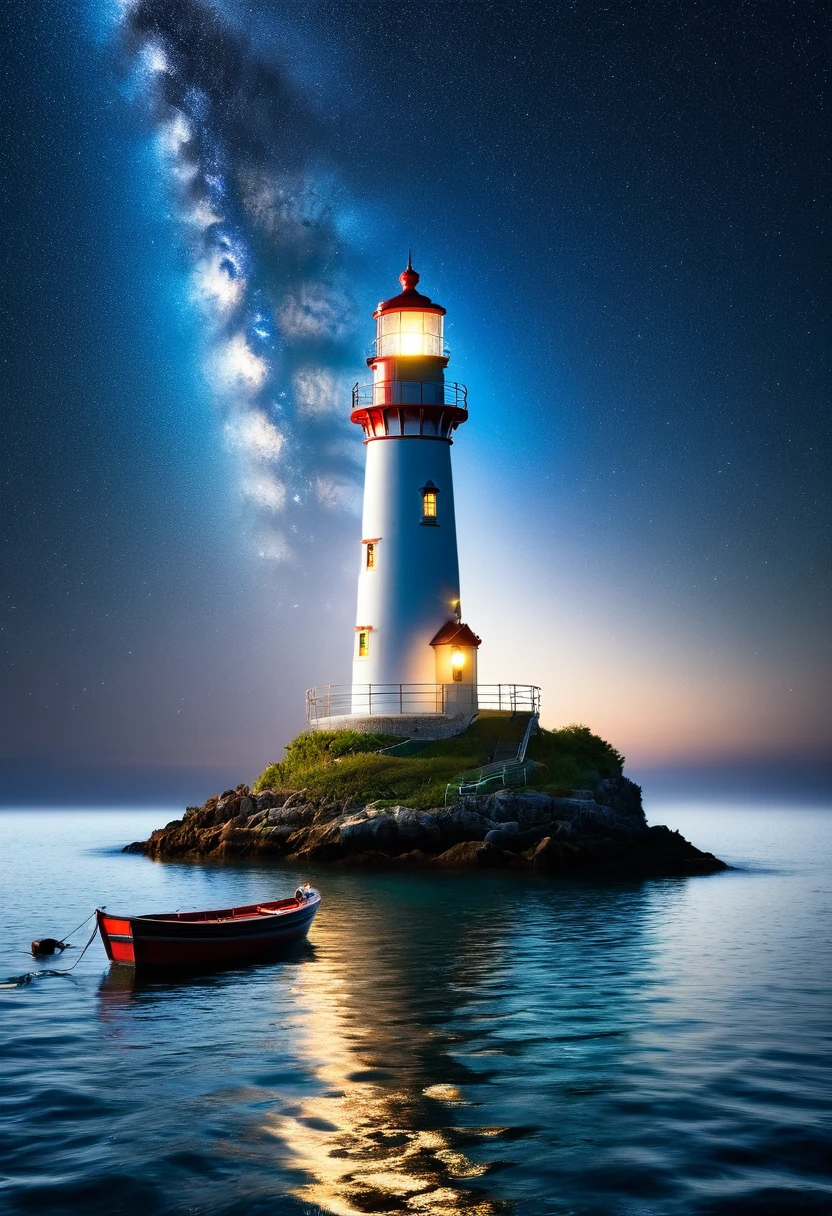 there is a small lighthouse on a small island , light house, lighthouse, set against a stary night background, boat with lamp, listing image, made of glazed, scenic full shot, king, farol da barra, lit up, vivid detail, catalog photo, without background, light on top, vivid bright light, full view, brightly lit