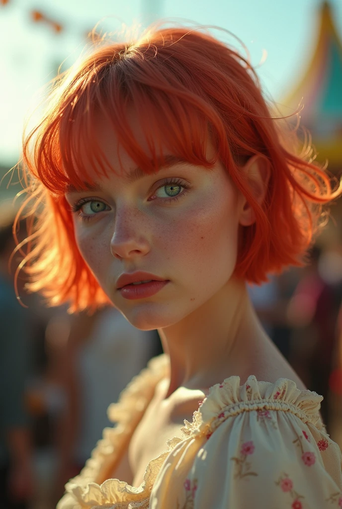 score_9, score_8_up, score_7_up, score_6_up, score_5_up, ultra-detailed, high resolution, beautiful face, 19yo, mint green eyes, light freckles,cute face, small face, (Absurd, high quality, ultra-compared, be careful with your hand) , dreaming body, Vivid, romantic and all. Optimistic face, just lies, without input and intellectual. , Cold heart, impatient and very confident. gray eyes, ripe and dark (eyes of eyes), . short hair, red hair. In the carnival queue, Flight. full body,
