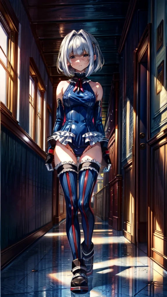 (1girl in：1.2, ( (digital) ( (Detailed dimly lit passageway inside the base:1.4), medium breasts, (fril swimsuit, thighs thighs thighs thighs, Detached sleeves)) , Best Quality, marierose,、Hypnorola
Eyes in the sky、1girl in,Emotionless facial expressions,