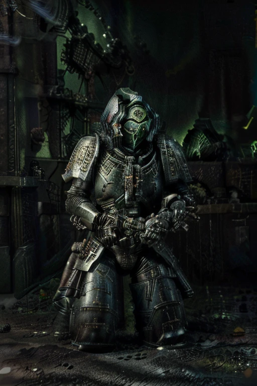 woman clad in space marine armor. heavy weaponry from Warhammer 40k, shooting at enemies kneeling on the ground, battle cry, furious expression, alien battlefield, surrounded by aliens from Ridley Scott's movie, armor with green acid burns on arms, trails of tracer bullets at its around, torso and right leg, blurred background, bokeh, HDR, highly defined, 4K, perfect hands, long shot, lighting of the battle fires, night scene.Retina, Profundidad de campo, 