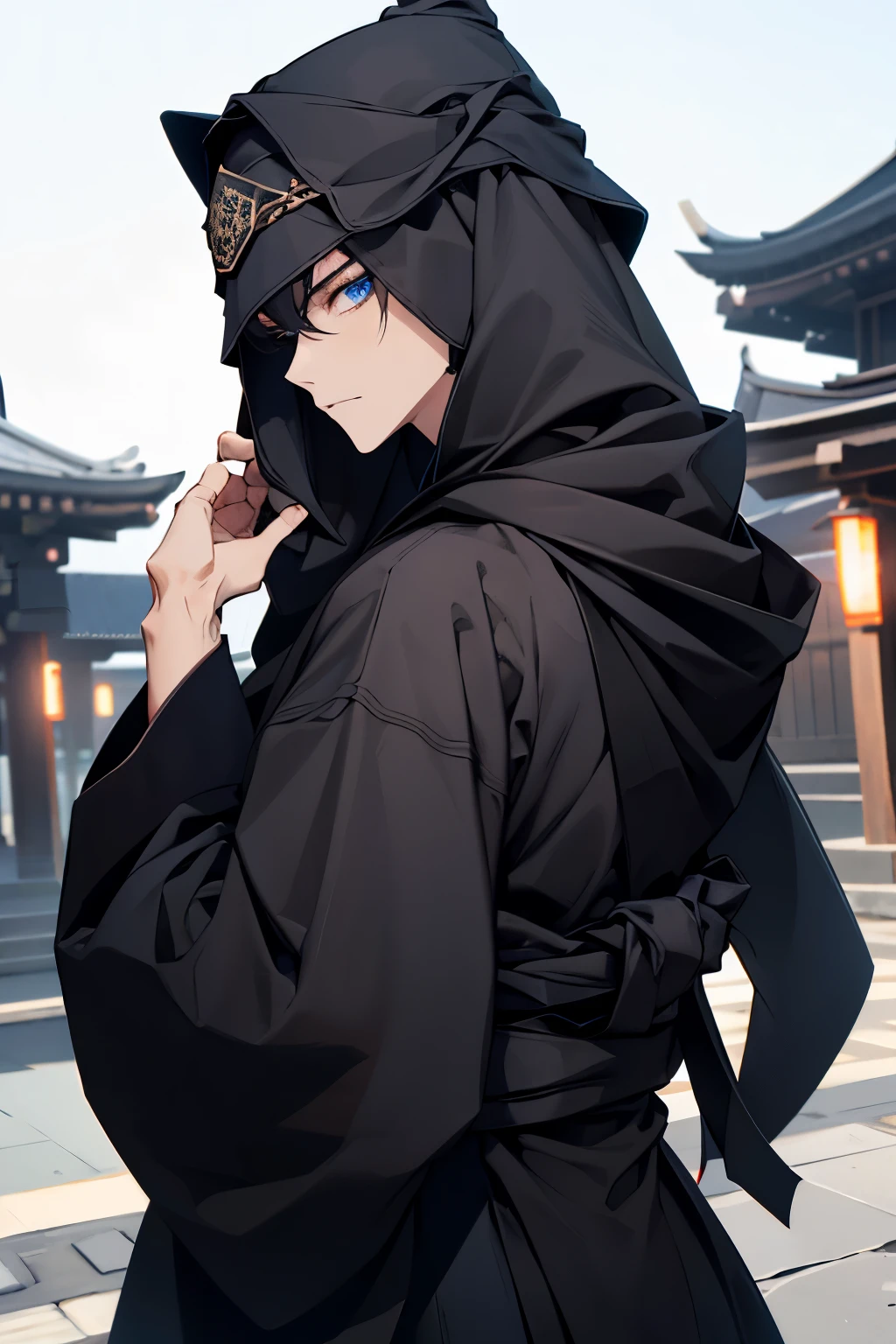 alone, One man, ((Blue eyes)), Black hair in the cultist Head covering, high, Wear edgCultist_Head covering, From the back, Looking Back, Handsome face, คุณภาพhighสุด, Masterpiece, 3d, anime, Perfect face, รายละเอียดhighสุดตอซัง, Detailed face, Yukata((Black cloth)), Complex details, No background, Feelingless, alone,