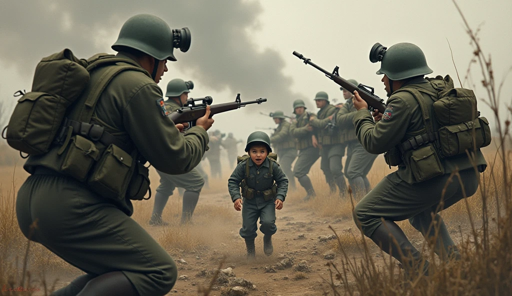 A large group of camouflaged babys and wild newborns jumping over a suspension bridge into a barracks with their weapons in real life full body style.