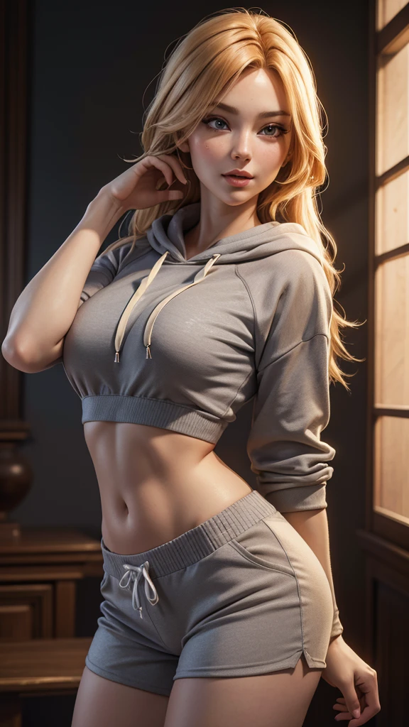 beautiful woman with long golden hair, detailed anatomically correct face, large breasts, wearing short shorts, licking her lips, (best quality,4k,8k,highres,masterpiece:1.2),ultra-detailed,(realistic,photorealistic,photo-realistic:1.37),3D render,highly detailed skin texture,detailed eyes, nose and mouth,intricate details,delicate facial features,dynamic lighting,vibrant colors,dramatic composition, wearing a gray cropped hoodie, midriff exposed