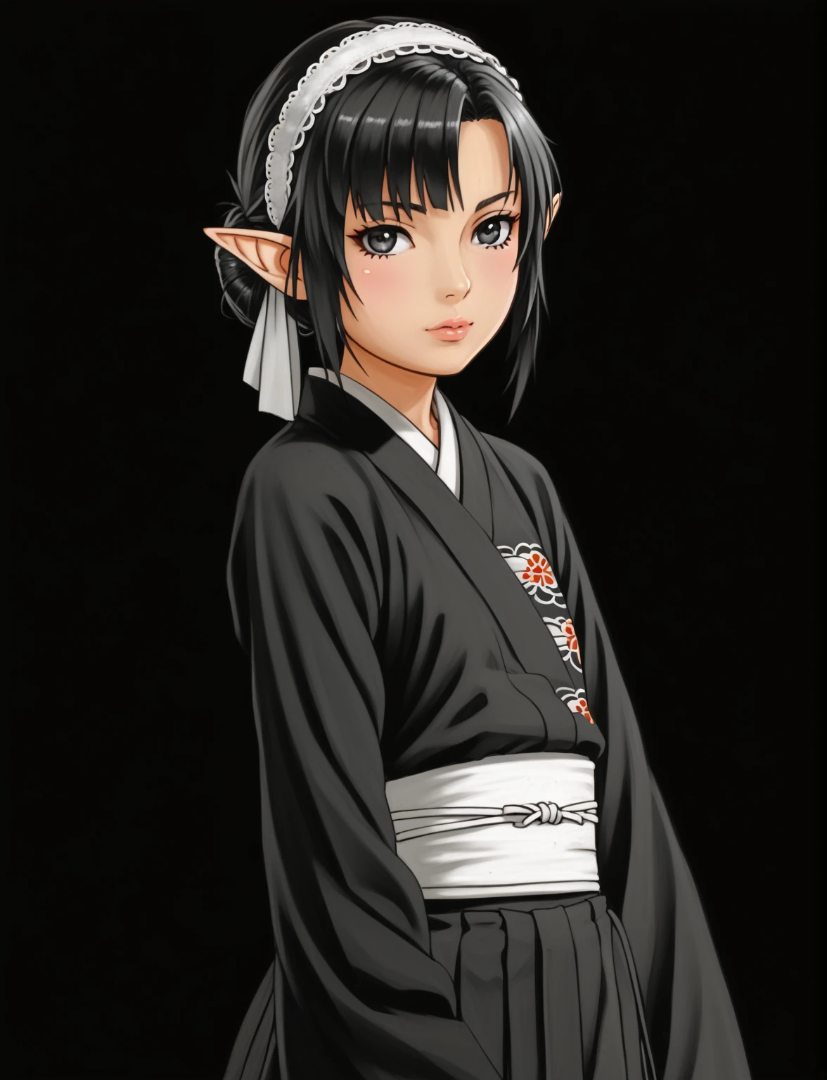 An anime character wearing short black and white hakamas, two ribbons {one at each side of her hairband}, white obi with black and white seigaiha pattern, girl with elf ears, a beautiful young girl with long black hair tied up in one single bun centered on top of her head, asymmetrical chopped bangs sideswept to the right, white hairband with ribbons on both sides of her head, a lock of hair falling in front of the right side of her face. Full shot of an anime character wearing short black and white hakamas, two ribbons {one at each side of her hairband}, white obi with black and white seigaiha pattern, create a digital illustration of full body of a female character with almond-shaped black eyes, elf ears, and round dots instead of eyebrows. For the hairstyle, she should have black hair styled into a single bun at the back of her head, complemented by asymmetrically chopped bangs that transition into a long lock on one side. Her outfit should match short hakama with detached sleeves and frills under the shorts and the sleeves, in a gothic style, featuring intricate white lace patterns, detailed cutouts, and a white obi with a black seigaiha black pattern. The upper part of the outfit should be a kimono blouse with detached sleeves. The outfit should include layered skirts and ribbon details to emphasize a similar aesthetic. Add a muted background that complements her striking attire and hairstyle. Artwork in the style of guweiz, digital art inspired by the style of Ilya Kuvshinov, 8k, high resolution, HDR, vivid colors, dramatic light detailed anime art, 8k, high resolution, photorealistic, dramatic lighting, artwork in the style of guweiz, detailed portrait of anime girl, beautiful anime portrait, anime realism style, anime style portrait, anime style, realistic anime art style, digital art ilya kuvshinov, realistic anime artstyle, ilya kuvshinov. Portrait anime girl, girl wearing black hakama with detached sleeves.