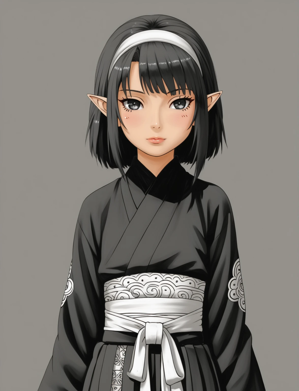 An anime character wearing short black and white hakamas, two ribbons {one at each side of her hairband}, white obi with black and white seigaiha pattern, girl with elf ears, a beautiful young girl with long black hair tied up in one single bun centered on top of her head, asymmetrical chopped bangs sideswept to the right, white hairband with ribbons on both sides of her head, a lock of hair falling in front of the right side of her face. Full shot of an anime character wearing short black and white hakamas, two ribbons {one at each side of her hairband}, white obi with black and white seigaiha pattern, create a digital illustration of full body of a female character with almond-shaped black eyes, elf ears, and round dots instead of eyebrows. For the hairstyle, she should have black hair styled into a single bun at the back of her head, complemented by asymmetrically chopped bangs that transition into a long lock on one side. Her outfit should match short hakama with detached sleeves and frills under the shorts and the sleeves, in a gothic style, featuring intricate white lace patterns, detailed cutouts, and a white obi with a black seigaiha black pattern. The upper part of the outfit should be a kimono blouse with detached sleeves. The outfit should include layered skirts and ribbon details to emphasize a similar aesthetic. Add a muted background that complements her striking attire and hairstyle. Artwork in the style of guweiz, digital art inspired by the style of Ilya Kuvshinov, 8k, high resolution, HDR, vivid colors, dramatic light detailed anime art, 8k, high resolution, photorealistic, dramatic lighting, artwork in the style of guweiz, detailed portrait of anime girl, beautiful anime portrait, anime realism style, anime style portrait, anime style, realistic anime art style, digital art ilya kuvshinov, realistic anime artstyle, ilya kuvshinov. Portrait anime girl, girl wearing black hakama with detached sleeves.