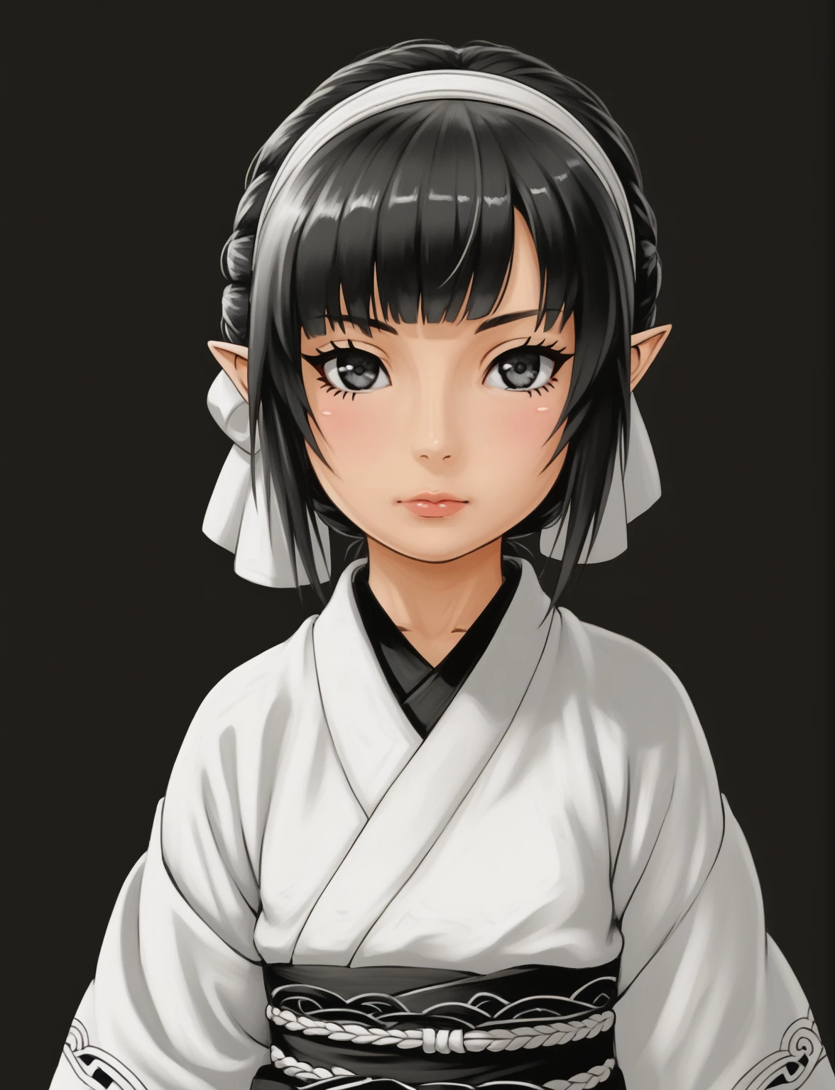 An anime character wearing short black and white hakamas, two ribbons {one at each side of her hairband}, white obi with black and white seigaiha pattern, girl with elf ears, a beautiful young girl with long black hair tied up in one single bun centered on top of her head, asymmetrical chopped bangs sideswept to the right, white hairband with ribbons on both sides of her head, a lock of hair falling in front of the right side of her face. Full shot of an anime character wearing short black and white hakamas, two ribbons {one at each side of her hairband}, white obi with black and white seigaiha pattern, create a digital illustration of full body of a female character with almond-shaped black eyes, elf ears, and round dots instead of eyebrows. For the hairstyle, she should have black hair styled into a single bun at the back of her head, complemented by asymmetrically chopped bangs that transition into a long lock on one side. Her outfit should match short hakama with detached sleeves and frills under the shorts and the sleeves, in a gothic style, featuring intricate white lace patterns, detailed cutouts, and a white obi with a black seigaiha black pattern. The upper part of the outfit should be a kimono blouse with detached sleeves. The outfit should include layered skirts and ribbon details to emphasize a similar aesthetic. Add a muted background that complements her striking attire and hairstyle. Artwork in the style of guweiz, digital art inspired by the style of Ilya Kuvshinov, 8k, high resolution, HDR, vivid colors, dramatic light detailed anime art, 8k, high resolution, photorealistic, dramatic lighting, artwork in the style of guweiz, detailed portrait of anime girl, beautiful anime portrait, anime realism style, anime style portrait, anime style, realistic anime art style, digital art ilya kuvshinov, realistic anime artstyle, ilya kuvshinov. Portrait anime girl, girl wearing black hakama with detached sleeves.