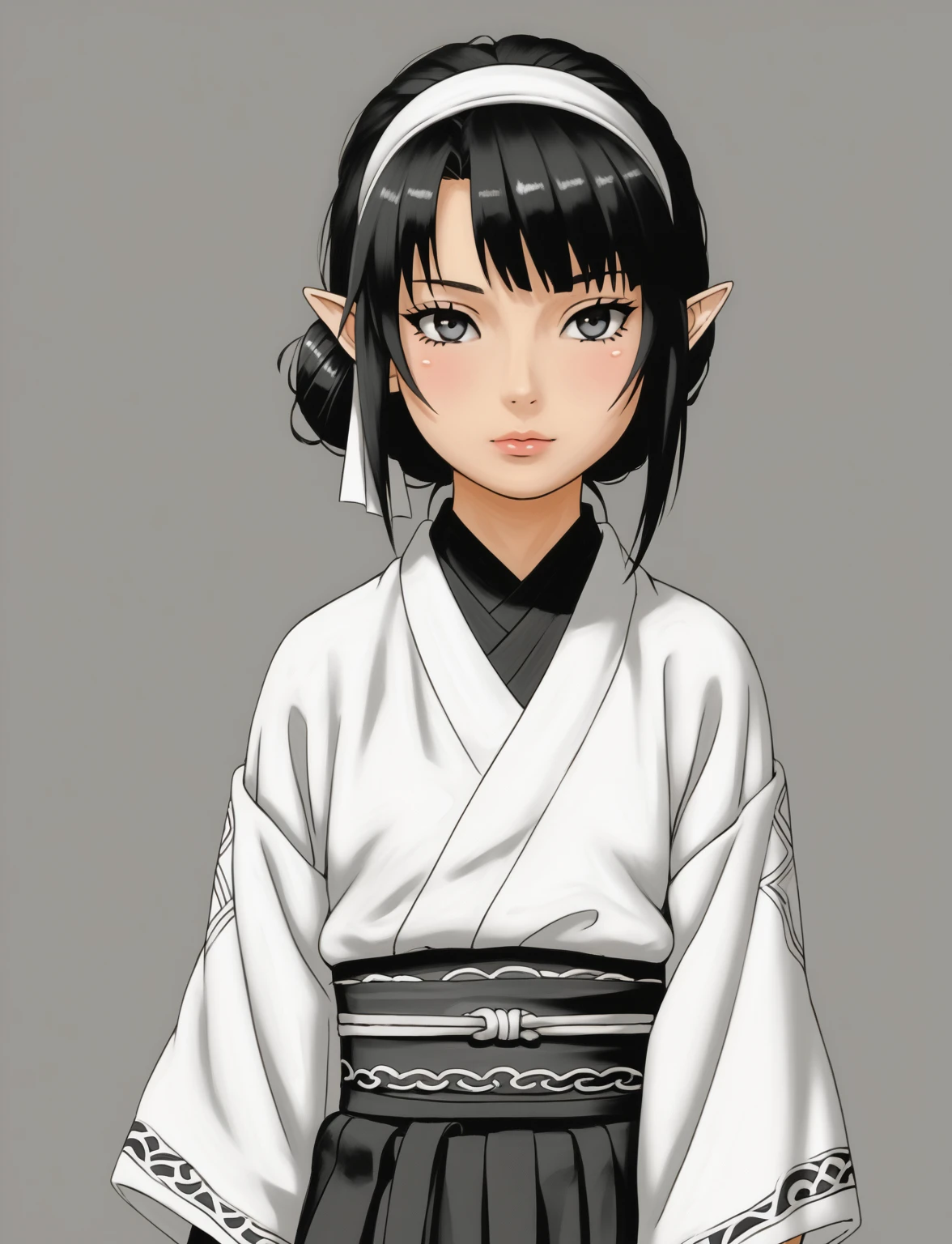 An anime character wearing short black and white hakamas, two ribbons {one at each side of her hairband}, white obi with black and white seigaiha pattern, girl with elf ears, a beautiful young girl with long black hair tied up in one single bun centered on top of her head, asymmetrical chopped bangs sideswept to the right, white hairband with ribbons on both sides of her head, a lock of hair falling in front of the right side of her face. Full shot of an anime character wearing short black and white hakamas, two ribbons {one at each side of her hairband}, white obi with black and white seigaiha pattern, create a digital illustration of full body of a female character with almond-shaped black eyes, elf ears, and round dots instead of eyebrows. For the hairstyle, she should have black hair styled into a single bun at the back of her head, complemented by asymmetrically chopped bangs that transition into a long lock on one side. Her outfit should match short hakama with detached sleeves and frills under the shorts and the sleeves, in a gothic style, featuring intricate white lace patterns, detailed cutouts, and a white obi with a black seigaiha black pattern. The upper part of the outfit should be a kimono blouse with detached sleeves. The outfit should include layered skirts and ribbon details to emphasize a similar aesthetic. Add a muted background that complements her striking attire and hairstyle. Artwork in the style of guweiz, digital art inspired by the style of Ilya Kuvshinov, 8k, high resolution, HDR, vivid colors, dramatic light detailed anime art, 8k, high resolution, photorealistic, dramatic lighting, artwork in the style of guweiz, detailed portrait of anime girl, beautiful anime portrait, anime realism style, anime style portrait, anime style, realistic anime art style, digital art ilya kuvshinov, realistic anime artstyle, ilya kuvshinov. Portrait anime girl, girl wearing black hakama with detached sleeves.