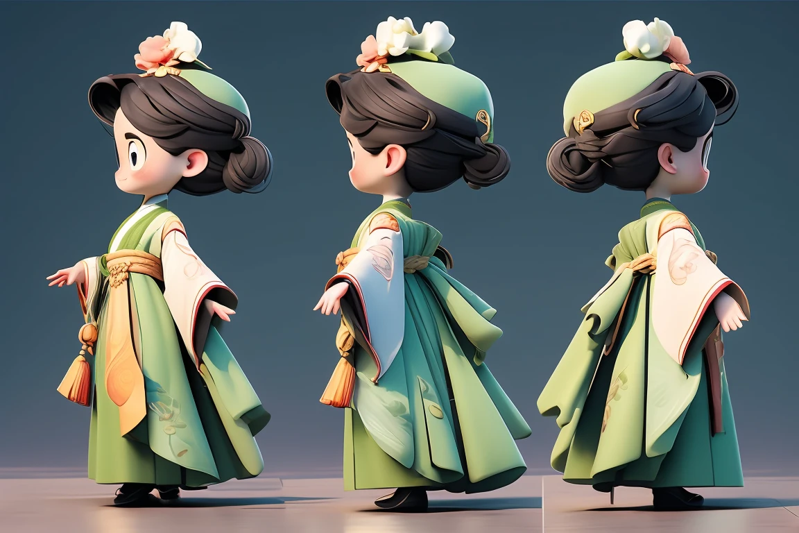 title：Chinese style Q version character three-view design style：Q version cartoon，Cute colors：Bright Chinese red as the main color，Gold and emerald green accents： front：Big eyes，Rounded face，Smiling face side：Simple hairstyle，No neck detail on back：Simple hairstyle和服饰背面设计 服饰： Hanfu：简化的传统Hanfu设计，Tops and bottoms，Wide sleeves，Double-breasted pattern：Simplified Chinese classical pattern，Such as peonies、Moire accessories：Simplified headdress，There are Chinese knots and tassels tied around the waist： front：Hold your hands together，Bowing posture side view：One hand strokes the sleeve，The other hand hangs naturally on the back：Natural standing，Show the complete back of the garment，Skirt covers feet background：pure white，No other elements，To highlight the details of character design： Material：服饰Material看起来柔软 光影：Slight shadow and highlight expressions：Lively expressions，Bright eyes Other requirements：Three views are neatly arranged，Character Center，Proportional coordination，Convenient 360-degree view of design details，Skirt length covers the feet，No neck or feet shown。