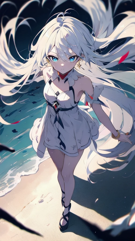 Tall human, black skin, medium white hair, fin on back, blue eyes, black clothing, deep sea,2D,one piece art,anime 4k,perfect contornus