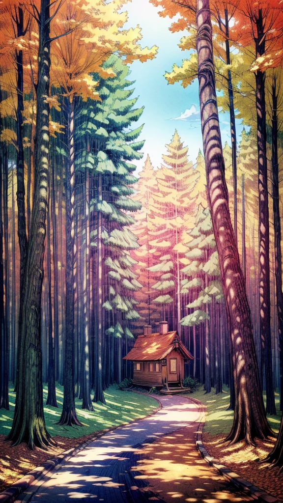 anime-style, A vibrant forest path with towering trees, their leaves a brilliant green. The soft light of sunset filters through the branches, casting bright golden shadows on the ground covered with colorful autumn leaves. In the distance, a charming wooden cabin emits wisps of colorful smoke from its chimney.