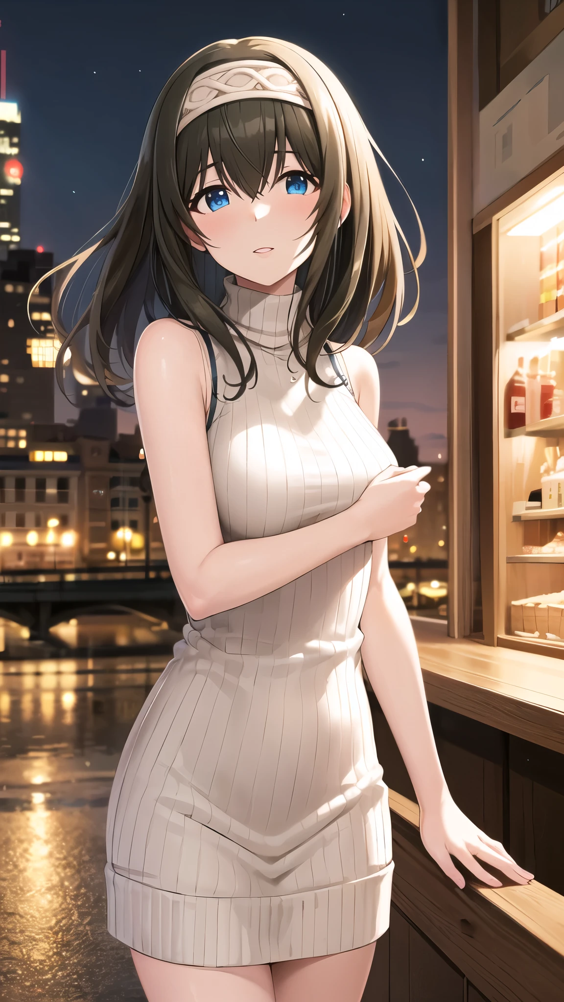 masterpiece, Best Quality, High resolution, aafumika, The Idolmaster, Long Hair, Hairbands, Sweater dress, Ribbed sweater, turtleneck, Sleeveless, night, Standing, Cowboy Shot,