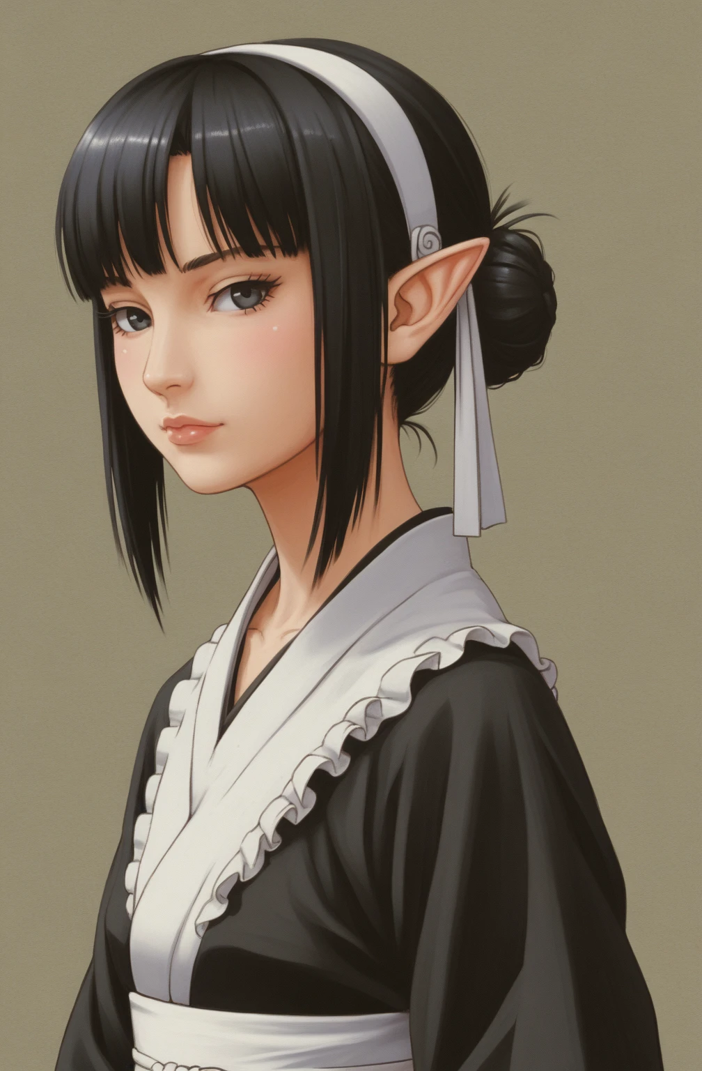 An anime character wearing short black and white hakamas, two ribbons {one at each side of her hairband}, white obi with black and white seigaiha pattern, girl with elf ears, a beautiful young girl with long black hair tied up in one single bun centered on top of her head, asymmetrical chopped bangs sideswept to the right, white hairband with ribbons on both sides of her head, a lock of hair falling in front of the right side of her face. Full shot of an anime character wearing short black and white hakamas, two ribbons {one at each side of her hairband}, white obi with black and white seigaiha pattern, create a digital illustration of full body of a female character with almond-shaped black eyes, elf ears, and round dots instead of eyebrows. For the hairstyle, she should have black hair styled into a single bun at the back of her head, complemented by asymmetrically chopped bangs that transition into a long lock on one side. Her outfit should match short hakama with detached sleeves and frills under the shorts and the sleeves, in a gothic style, featuring intricate white lace patterns, detailed cutouts, and a white obi with a black seigaiha black pattern. The upper part of the outfit should be a kimono blouse with detached sleeves. The outfit should include layered skirts and ribbon details to emphasize a similar aesthetic. Add a muted background that complements her striking attire and hairstyle. Artwork in the style of guweiz, digital art inspired by the style of Ilya Kuvshinov, 8k, high resolution, HDR, vivid colors, dramatic light detailed anime art, 8k, high resolution, photorealistic, dramatic lighting, artwork in the style of guweiz, detailed portrait of anime girl, beautiful anime portrait, anime realism style, anime style portrait, anime style 4 k, realistic anime art style, digital art ilya kuvshinov, realistic anime artstyle, ilya kuvshinov. Portrait anime girl, girl wearing black hakama with detached sleeves.