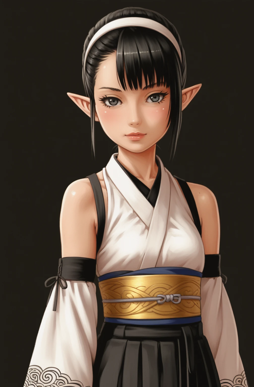 An anime character wearing short black and white hakamas, two ribbons {one at each side of her hairband}, white obi with black and white seigaiha pattern, girl with elf ears, a beautiful young girl with long black hair tied up in one single bun centered on top of her head, asymmetrical chopped bangs sideswept to the right, white hairband with ribbons on both sides of her head, a lock of hair falling in front of the right side of her face. Full shot of an anime character wearing short black and white hakamas, two ribbons {one at each side of her hairband}, white obi with black and white seigaiha pattern, create a digital illustration of full body of a female character with almond-shaped black eyes, elf ears, and round dots instead of eyebrows. For the hairstyle, she should have black hair styled into a single bun at the back of her head, complemented by asymmetrically chopped bangs that transition into a long lock on one side. Her outfit should match short hakama with detached sleeves and frills under the shorts and the sleeves, in a gothic style, featuring intricate white lace patterns, detailed cutouts, and a white obi with a black seigaiha black pattern. The upper part of the outfit should be a kimono blouse with detached sleeves. The outfit should include layered skirts and ribbon details to emphasize a similar aesthetic. Add a muted background that complements her striking attire and hairstyle. Artwork in the style of guweiz, digital art inspired by the style of Ilya Kuvshinov, 8k, high resolution, HDR, vivid colors, dramatic light detailed anime art, 8k, high resolution, photorealistic, dramatic lighting, artwork in the style of guweiz, detailed portrait of anime girl, beautiful anime portrait, anime realism style, anime style portrait, anime style 4 k, realistic anime art style, digital art ilya kuvshinov, realistic anime artstyle, ilya kuvshinov. Portrait anime girl, girl wearing black hakama with detached sleeves.