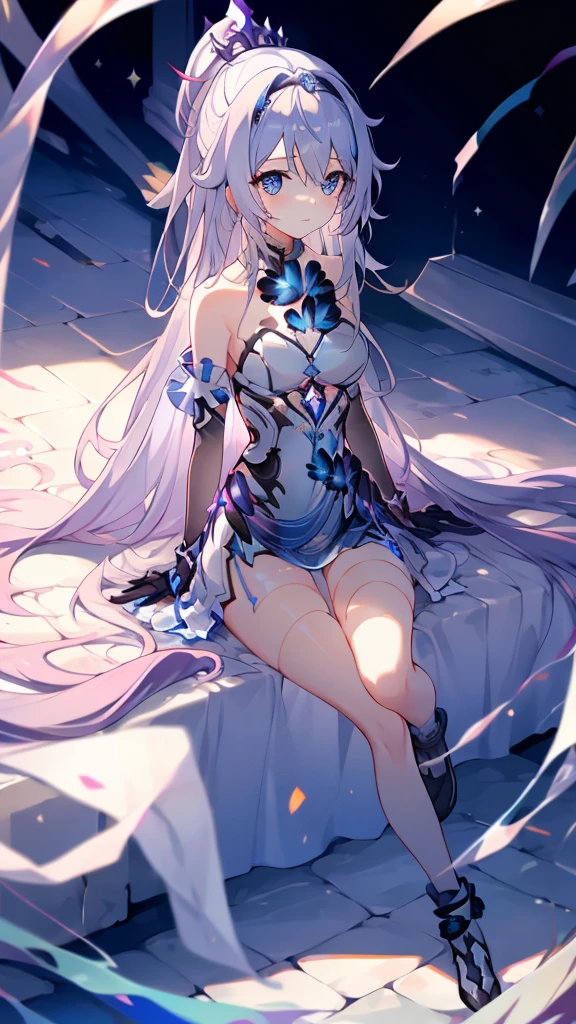 ((full body)),1 person, Alone, whole body, (Best Quality,8k,High resolution,masterpiece:1.2),Very detailed,(anime), The End of the Lord, Kiana \ (Serious impact 3)Very long white hair, blue eyes, Alone, Very detailed顔の特徴, Small and beautiful eyes, cute, Gazing at the audience, Shooting from above, Fantastic landscape, Bright colors, loose fitting dress, Rich details, Rich environment, Golden Ratio