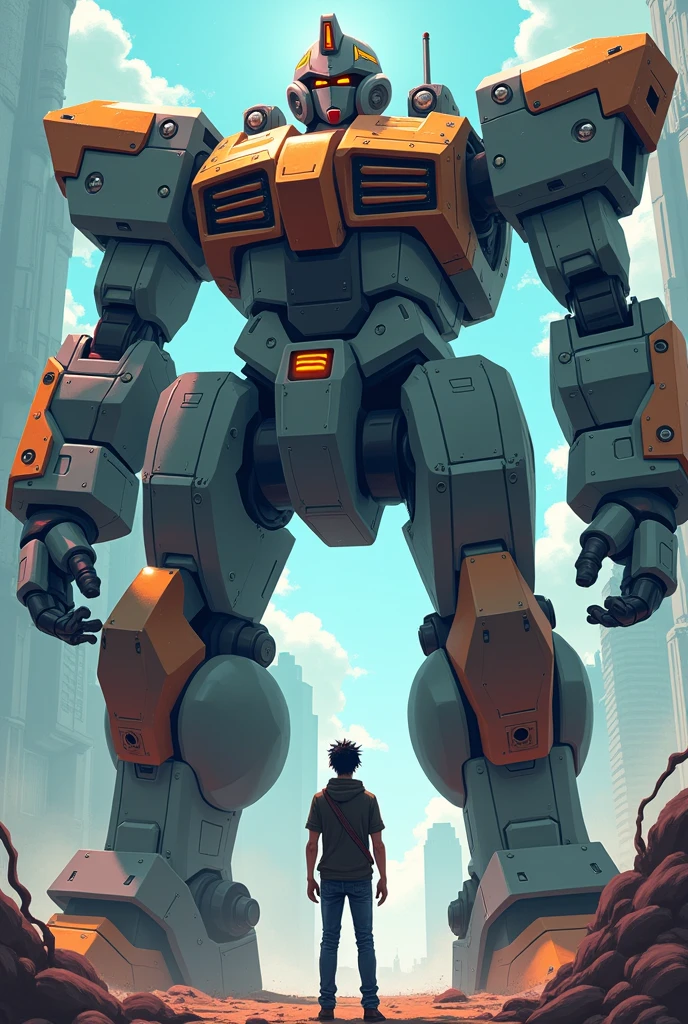 A man with a excalibur side to side against a giant robotic opponent anime style.