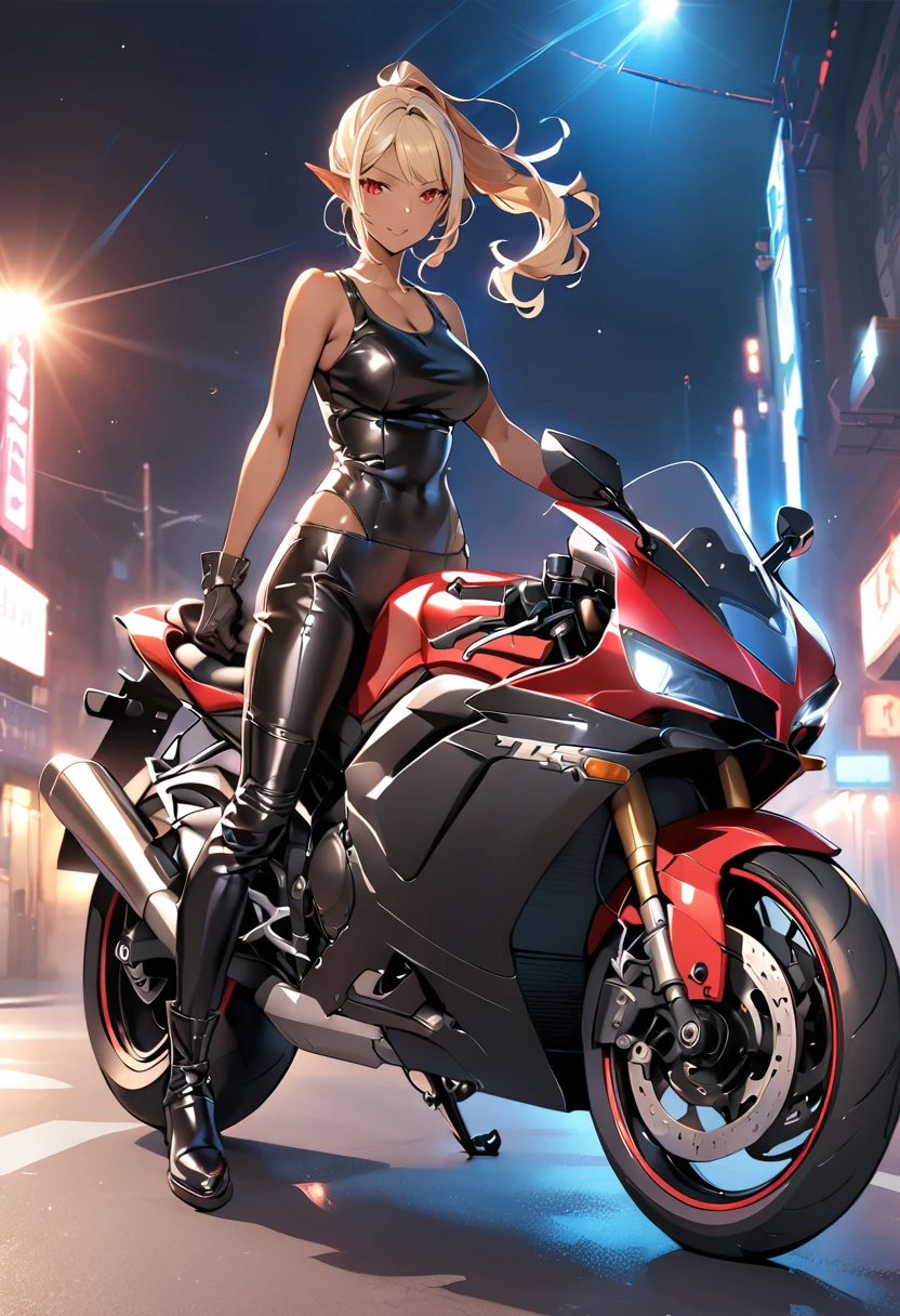 (Best Quality、Beautiful, detailed images、Official Images)、(Late night highway)、(Golden long hair、Red eyes、Ponytail Hair、Model body type、Large Breasts、Pointed Ears、Brown skin、Dark Skin)、(black leather long coat、Tank top shirt、Black leather trousers、Black Rider Gloves、Black rider boots)、(Large Motorcycle、On-road bike、Knuckle Guard)、(Get on a bike)