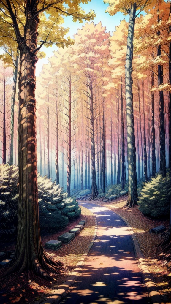 anime-style, A vibrant forest path with towering trees, their leaves a brilliant green. The soft light of sunset filters through the branches, casting bright golden shadows on the ground covered with colorful autumn leaves. In the distance, a charming wooden cabin emits wisps of colorful smoke from its chimney.