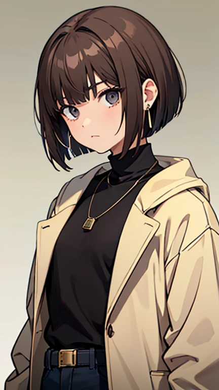 Korean adult woman, medium-length brown hair, bob haircut, grunge, aesthetic, black turtleneck, coat, necklaces, hoop earrings, 1, neutral expression, calm, expressionless