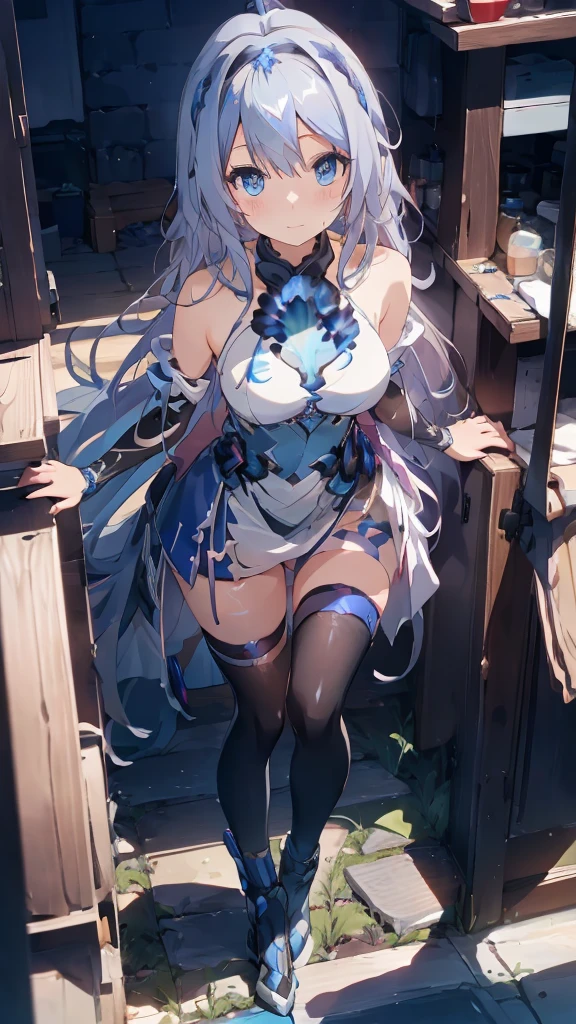 ((full body)),1 person, Alone, whole body, (Best Quality,8k,High resolution,masterpiece:1.2),Very detailed,(anime), The End of the Lord, Kiana \ (Serious impact 3)Very long white hair, blue eyes, Alone, Very detailed顔の特徴, Small and beautiful eyes, cute, Gazing at the audience, Shooting from above, Fantastic landscape, Bright colors, loose fitting dress, Rich details, Rich environment, Golden Ratio