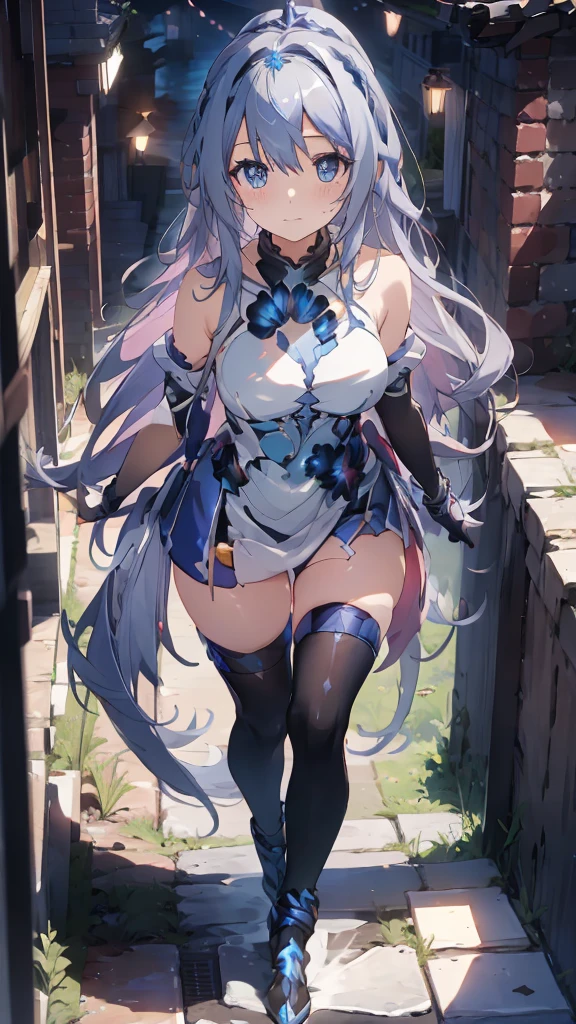 ((full body)),1 person, Alone, whole body, (Best Quality,8k,High resolution,masterpiece:1.2),Very detailed,(anime), The End of the Lord, Kiana \ (Serious impact 3)Very long white hair, blue eyes, Alone, Very detailed顔の特徴, Small and beautiful eyes, cute, Gazing at the audience, Shooting from above, Fantastic landscape, Bright colors, loose fitting dress, Rich details, Rich environment, Golden Ratio