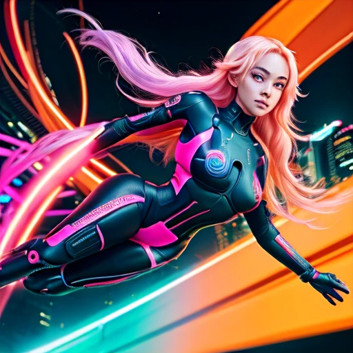 (sfw), intricate details, 1girl, night, (bright neon colors), ((flying over futuristic cyberpunk city)), detailed background, (petite cyborg girl, ((cute perfect face, bright glowing red eyes)), (perfect anatomy, petite perky breasts), (absurdly long gradient orange and white hair, hair blowing in the wind)), detailed ribbed impossible bodysuit, shoulder armor, cybernetic limbs, dynamic angle, 