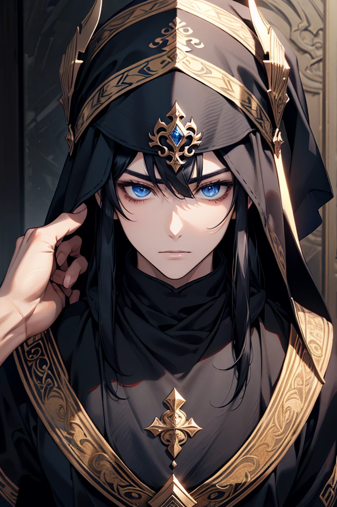 alone, One man, ((Blue eyes)), Black hair in the หมวกคลุมศีรษะ, high, Wear a head covering, From the back, Looking Back, Handsome face, คุณภาพhighสุด, Masterpiece, 3d, anime, Perfect face, รายละเอียดhighสุด, Detailed face, Black cloth, Complex details, No background, Feelingless, alone,