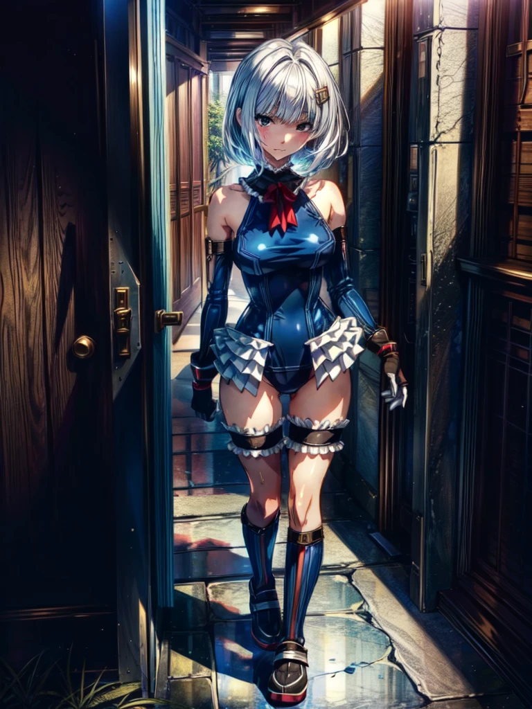 (masterpiece, best quality:1.3), (absurdres absolutely resolution), (8k), (detailed beautiful face and eyes), (detailed illustration), (super fine illustration),Perfect Anatomy, Best Quality, 
,((Futuristic base corridor:1.2)),Anime Style,(Ruffled swimsuit, Knee socks, Removed sleeve), (Anime Style:1.6) ,
Silver Hair,(White fingers:1.1,black gloves),Short Hair,,(((masterpiece))), (((Best Quality))), ((Very detailed)), (Illustration), (Detailed light),((Very delicate and beautiful), （Full of wounds:1.4）,(Suffering expression),