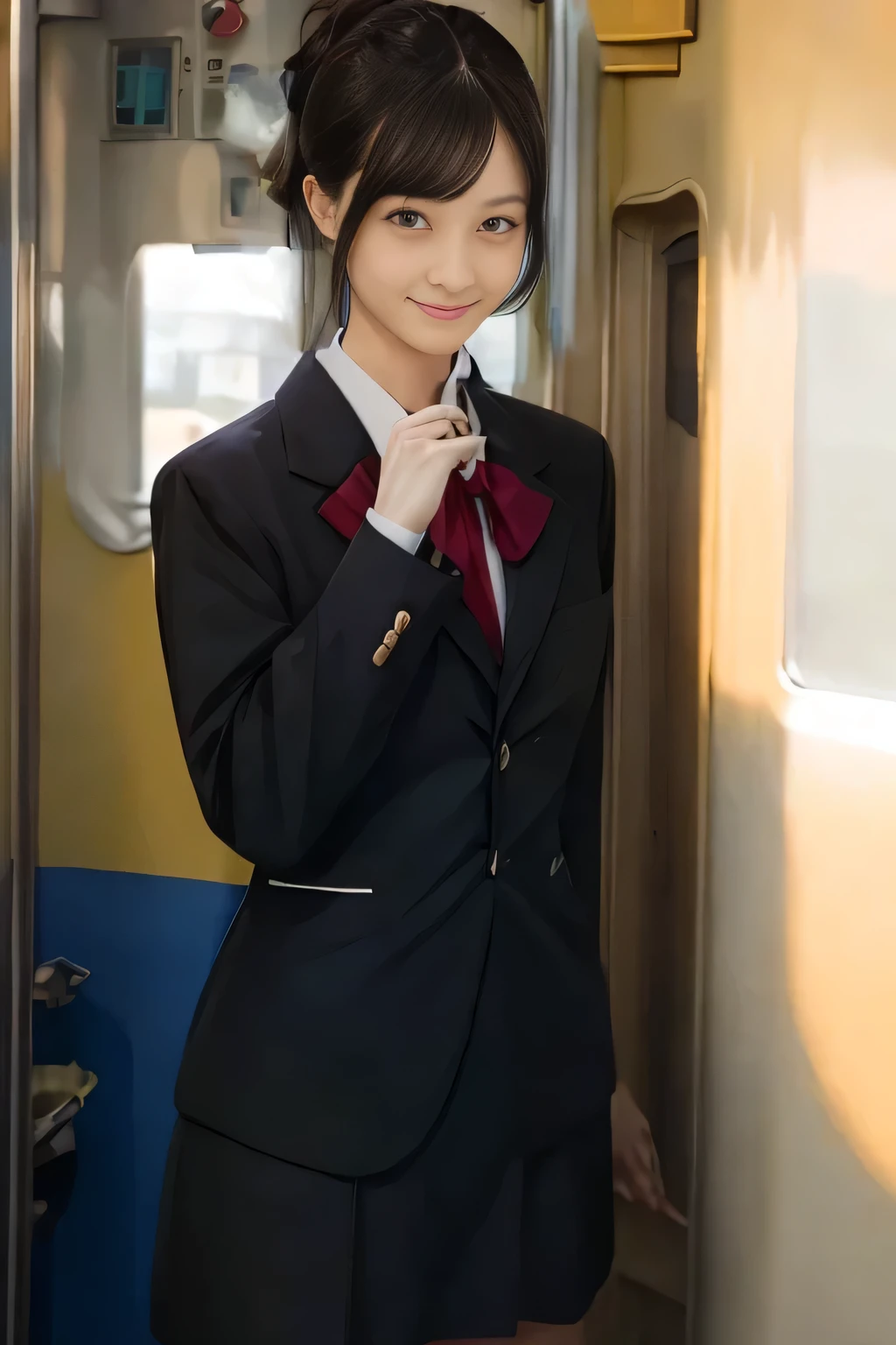 (masterpiece:1.2, Best Quality:1.2), 32K HDR, High resolution, (Alone、1 girl)、（On the roof of a building during the day、Professional Lighting）、Building rooftop background、（JR woman train crew Uniform blackを着たリアルスタイル）、（（JR woman train crew uniform black white blouse short sleeve 、Black knee-length wrap culottes skirt、Black jacket、scarf））、Dark brown hair、（Long Hair、Hair tied up、Hair tied up）、Dark brown hair、Long Shot、Big Breasts、Thin legs、（（Great hands：2.0）），（（Harmonious body proportions：1.5）），（（Normal limbs：2.0）），（（Normal finger：2.0）），（（Delicate eyes：2.0）），（（Normal eyes：2.0））)、smile、（JR woman train crew uniform black knee-length wrap culottes skirt beautiful standing figure）、Hands down