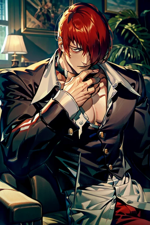 iorikof, absurdres, highres, ultra detailed, HDR, master piece, best quality, 1man, solo, male focus, red hair, hair over one eye, red eyes, red pants, black choker, sexy man, muscular, Simple lines, Abstract Art, handsome, male eyes, {half-closed eyes}, sitting, on couch, couch, crossed legs, five fingers, dramatic lighting, cinematic, moody, high contrast, with side by cat, anime