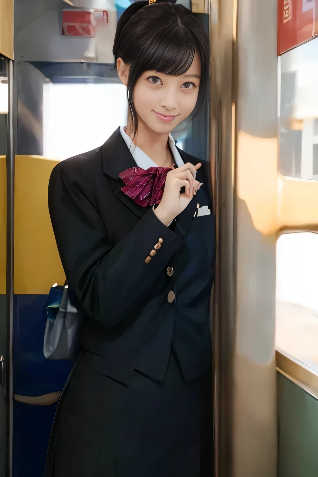 (masterpiece:1.2, Best Quality:1.2), 32K HDR, High resolution, (Alone、1 girl)、（On the roof of a building during the day、Professional Lighting）、Building rooftop background、（JR woman train crew Uniform blackを着たリアルスタイル）、（（JR woman train crew uniform black white blouse short sleeve 、Black knee-length wrap culottes skirt、Black jacket、scarf））、Dark brown hair、（Long Hair、Hair tied up、Hair tied up）、Dark brown hair、Long Shot、Big Breasts、Thin legs、（（Great hands：2.0）），（（Harmonious body proportions：1.5）），（（Normal limbs：2.0）），（（Normal finger：2.0）），（（Delicate eyes：2.0）），（（Normal eyes：2.0））)、smile、（JR woman train crew uniform black knee-length wrap culottes skirt beautiful standing figure）、Hands down