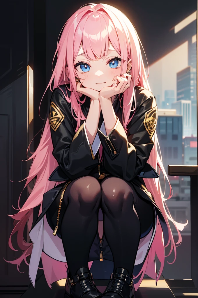 a beautiful woman with long pink hair, straight hair, wearing a black jacket with a zipper, black shorts, and a white shirt underneath, with a gold necklace and dangling earrings, sitting in a relaxed pose with a casual gesture, looking to the side, with smooth skin, in an outdoor urban environment with a building, glass window, soft shadows, a casual atmosphere, in a front view with a shallow depth of field and well-balanced exposure, with straight bangs, fangs, and light blue eyes