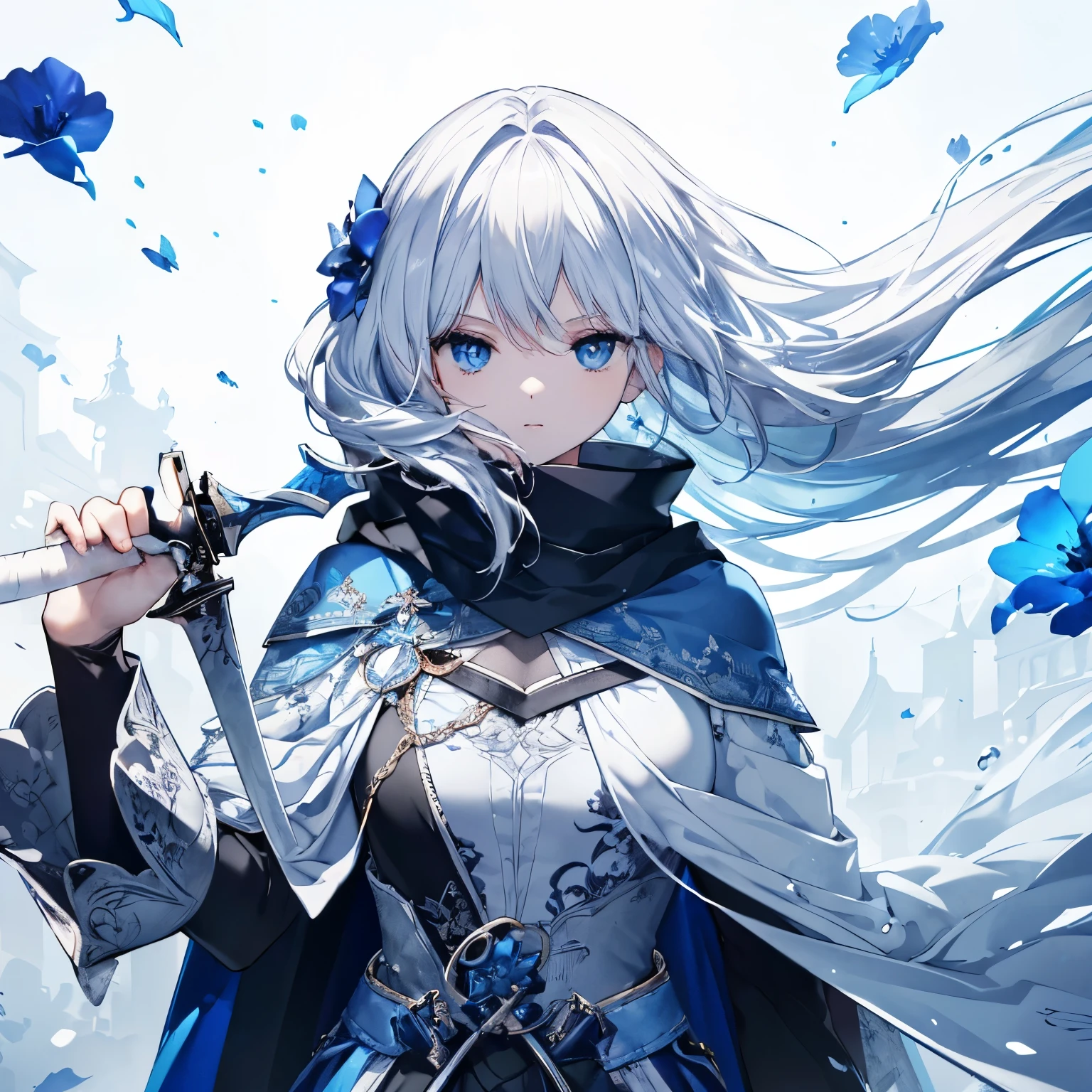 high quality, masterpiece, Delicate hair, Delicate eyes, Delicate hair, ((masterpiece, 最high quality)), high quality, masterpiece, Delicate hair, Delicate eyes, One girl,(White Hair)),blue eyes,Daikon,Long Hair,Dragon Horn,(Blue Sword),(loose Long Hair),((Black Cape)),(Blue Sword),scarf,Sword Master, Blue moon floating in the sky,night,Floating blue flowers fall,Upper body remains,Strong Shadows,Ash,,ice,((Ink wAsh painting)),((ink splAshing)),((color splAshing)),