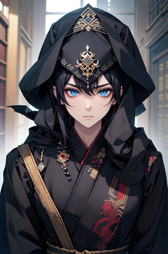 alone, One man, ((Blue eyes)), Short Black hair  in the หมวกคลุมศีรษะ, high, Wear a head covering, From the back, Looking Back, Handsome face, คุณภาพhighสุด, Masterpiece, 3d, anime, Perfect face, รายละเอียดhighสุด, Detailed face, Yukata((Black cloth)), Complex details, No background, Feelingless, alone,