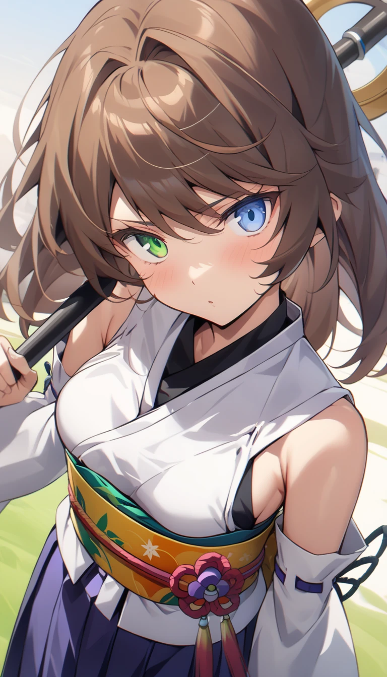 score_9, score_8_up, score_7_up,best quality,aesthetic,very aesthetic,masterpiece,(anime style:1.3),recant, face focus.,mediumshot,YunaX, heterochromia, detached sleeves, japanese clothes, sash, obi, hakama skirt, purple hakama,green eyes, blue eyes,brown hair, staff, holding staff,