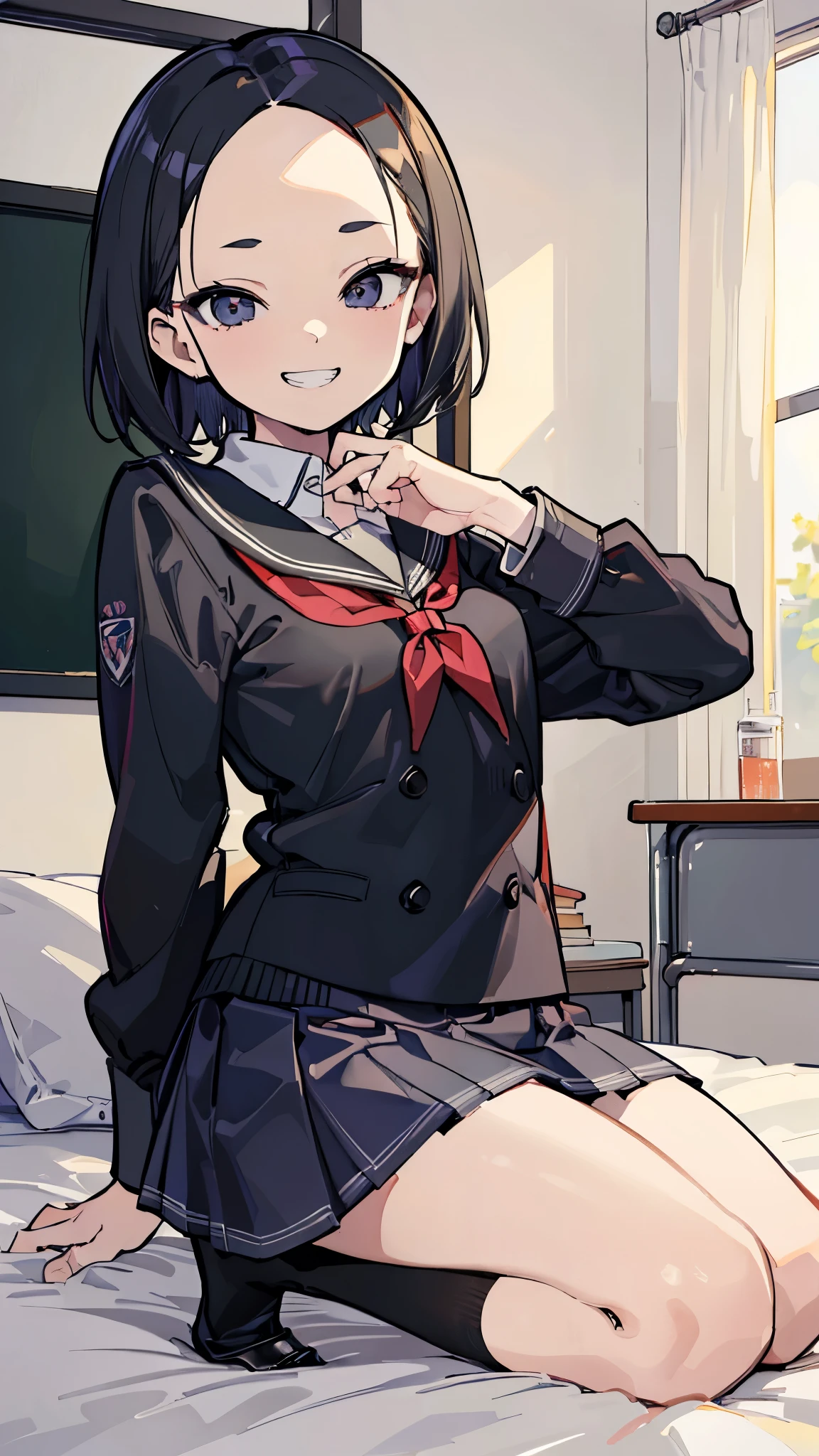 ((masterpiece、Best Quality、Very detailed))、One person、Black Hair、Short Hair、((forehead))、Grey Eyes、evil smile、((Grin))、((Small breasts))、((school uniform))、((micro miniskirt))、kneeling、On the bed、Bedroom Background