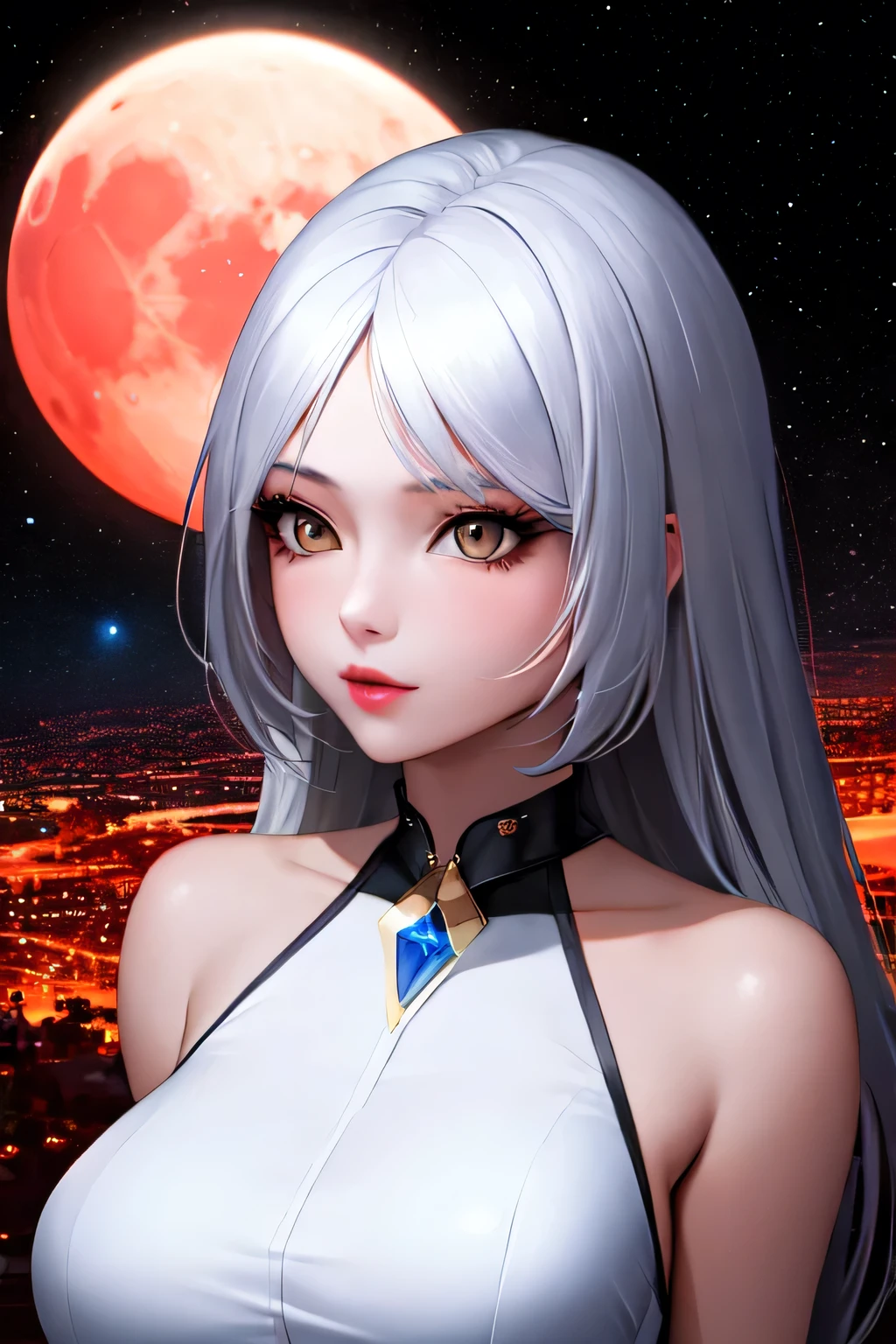 1 girl, beautiful face, ((white eyes)), sexy pose, red moon in the background, stars, space, (lightroom: 1.13), soft light, (natural skin texture: 1.2), (hyperrealism: 1.2), sharp focus, focus