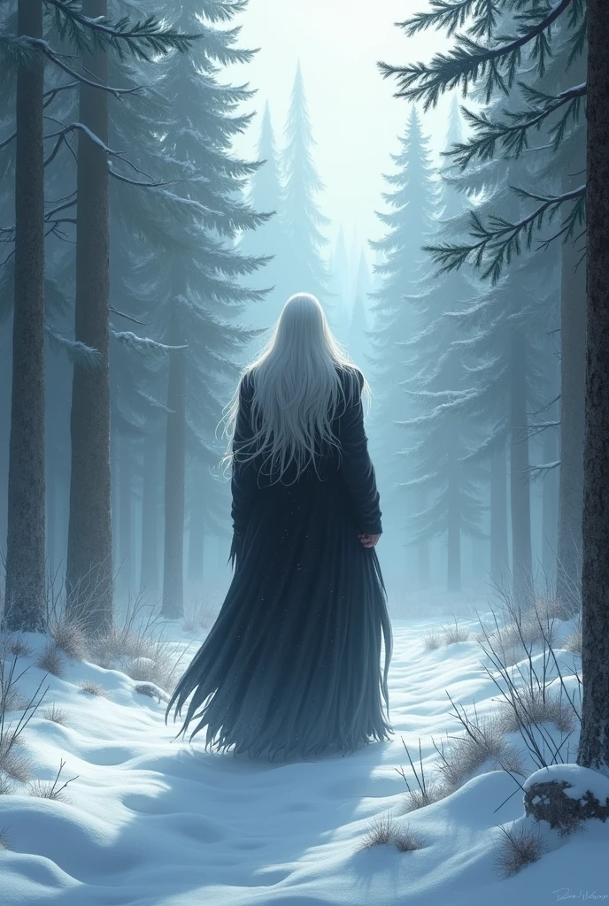 A backshot of a naked girl sitting in a snowy forest. White hair. Braides. Arousing. Creative composition. Cinematic