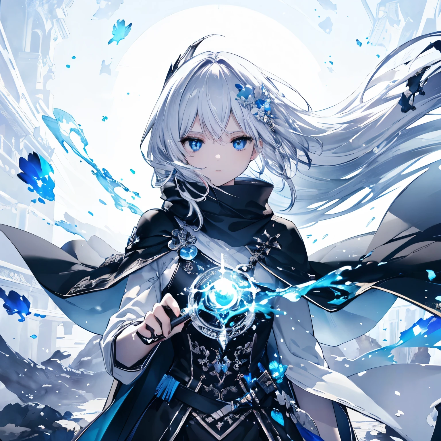 high quality, masterpiece, Delicate hair, Delicate eyes, Delicate hair, ((masterpiece, 最high quality)), high quality, masterpiece, Delicate hair, Delicate eyes, One girl,(White Hair)),blue eyes,Daikon,Long Hair,Dragon Horn,(Mirror Sword),(loose Long Hair),((Black Cape)),(Silver Sword),scarf,Sword Master, Blue moon floating in the sky,night,Floating blue flowers fall,Upper body remains,Strong Shadows,Ash,,ice,((Ink wAsh painting)),((ink splAshing)),((color splAshing)),