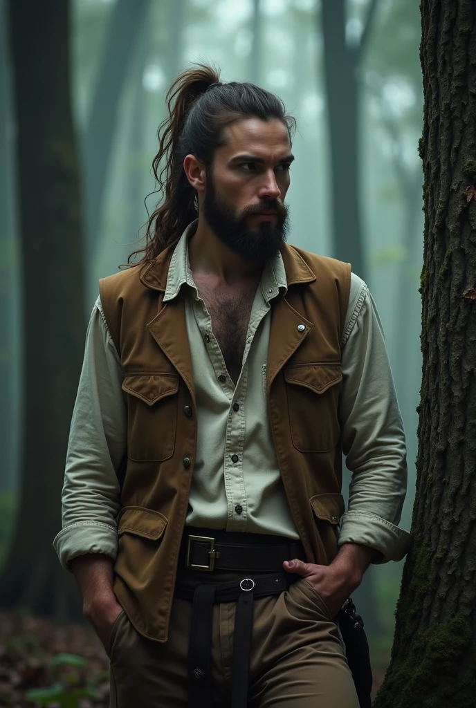 Handsome Cowboy, Brutal, On a black horse, ultradetail, hyper realisitc, naked torso, muscular, wide shoulders, Ethno Boho Style, Against the background of green meadows by the river